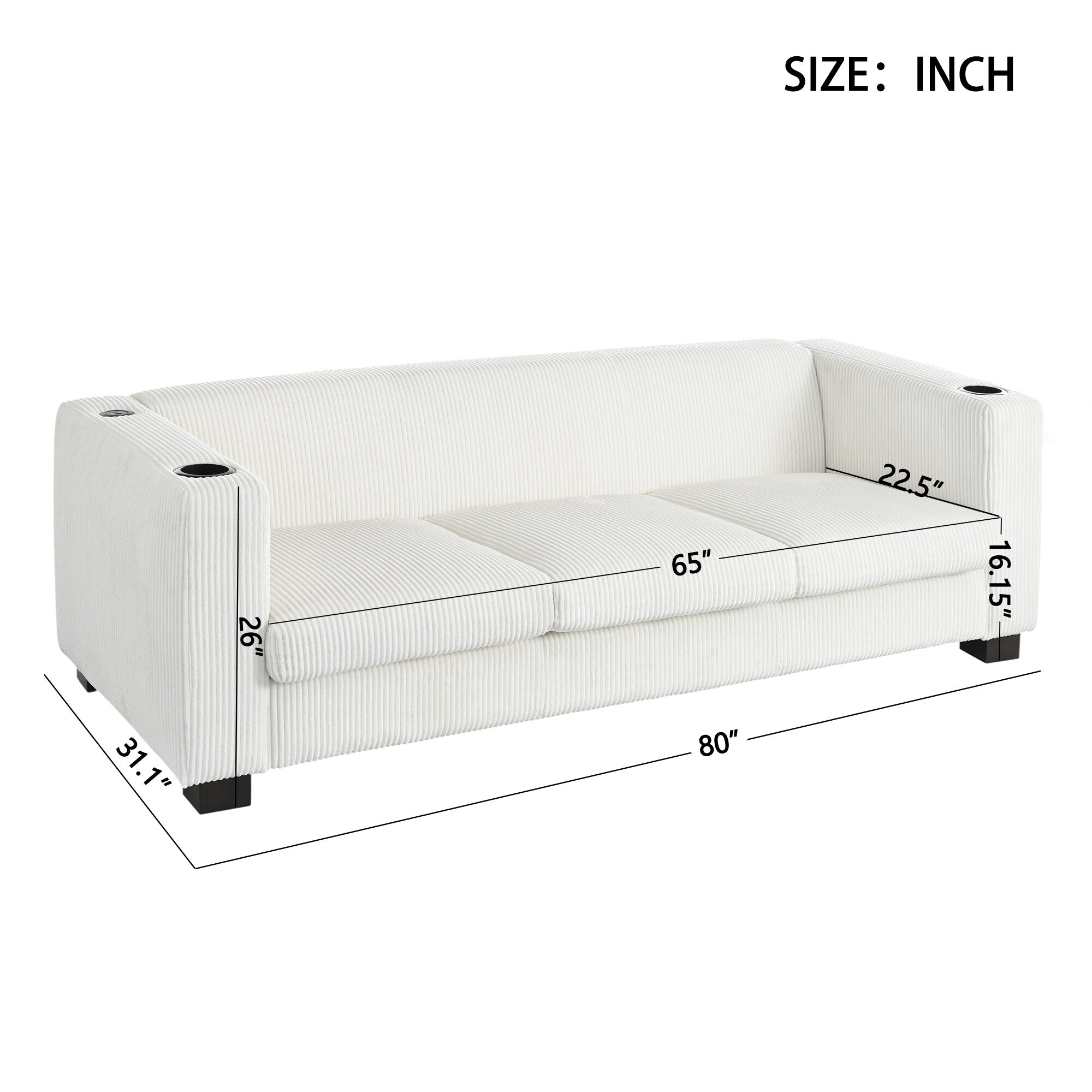 Canapé 3 places en bois massif 80 avec 2 ports USB et deux porte-gobelets