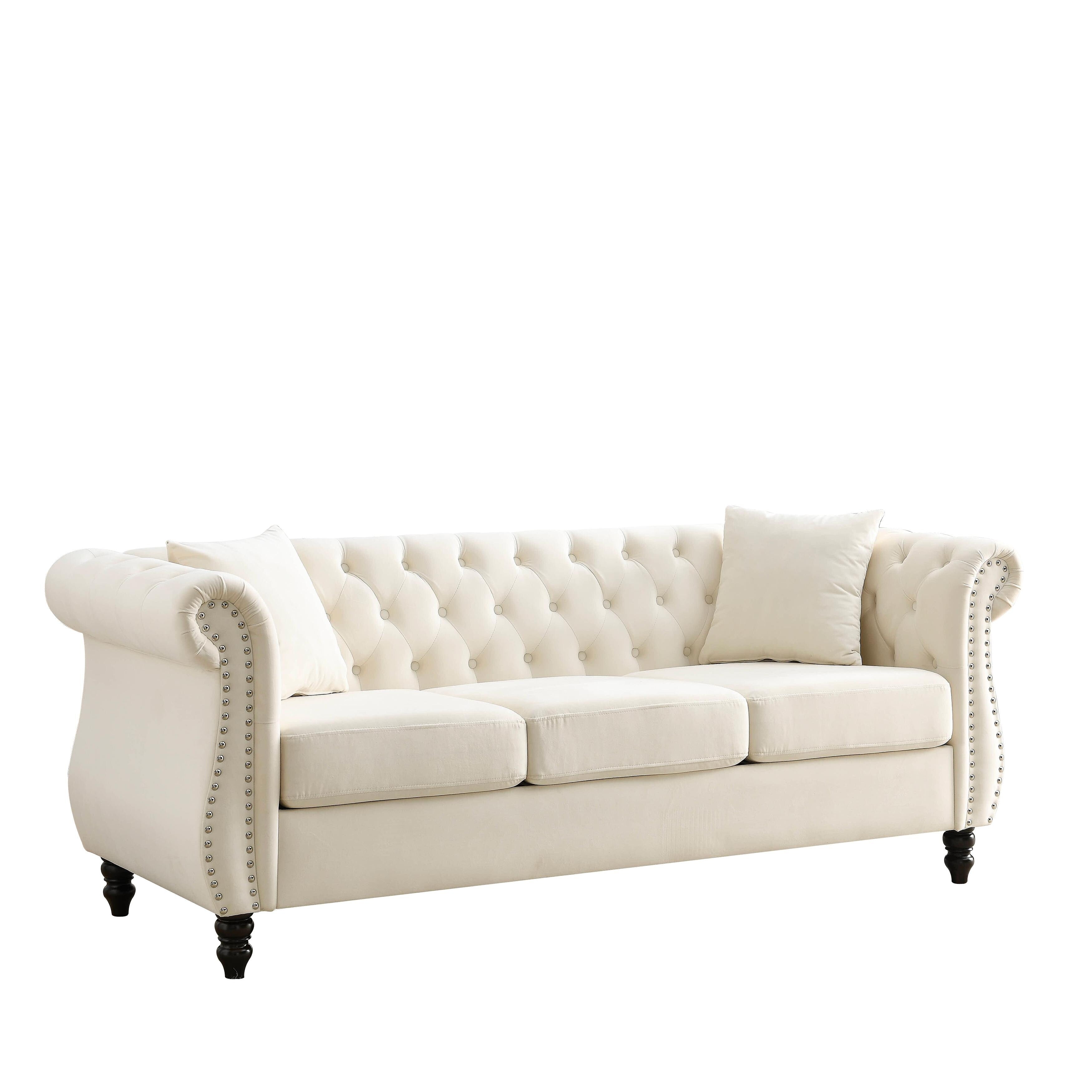 Canapé Chesterfield 3 places en velours 80 avec motif capitonné, garniture cloutée et 2 coussins