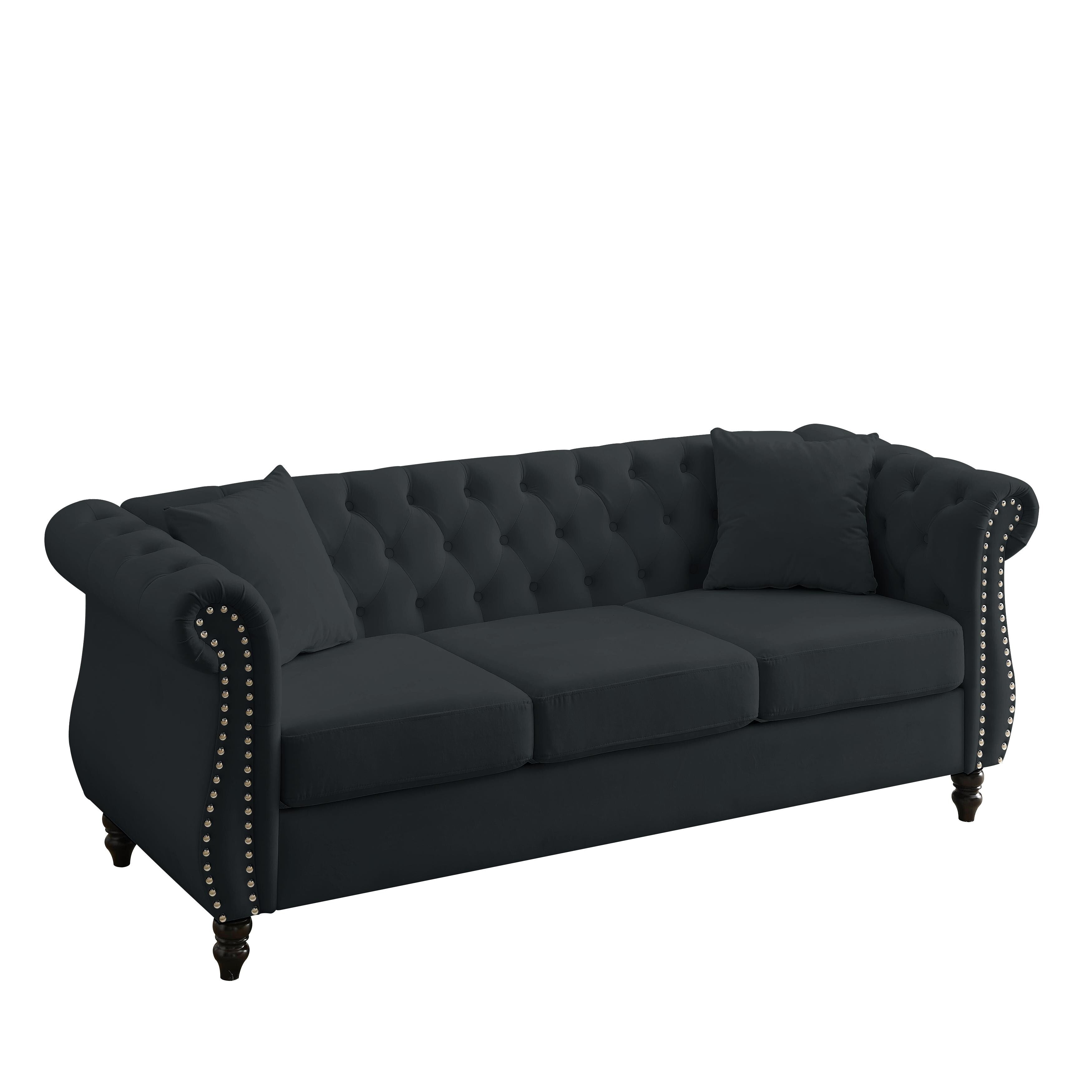 Canapé Chesterfield 3 places en velours 80 avec motif capitonné, garniture cloutée et 2 coussins