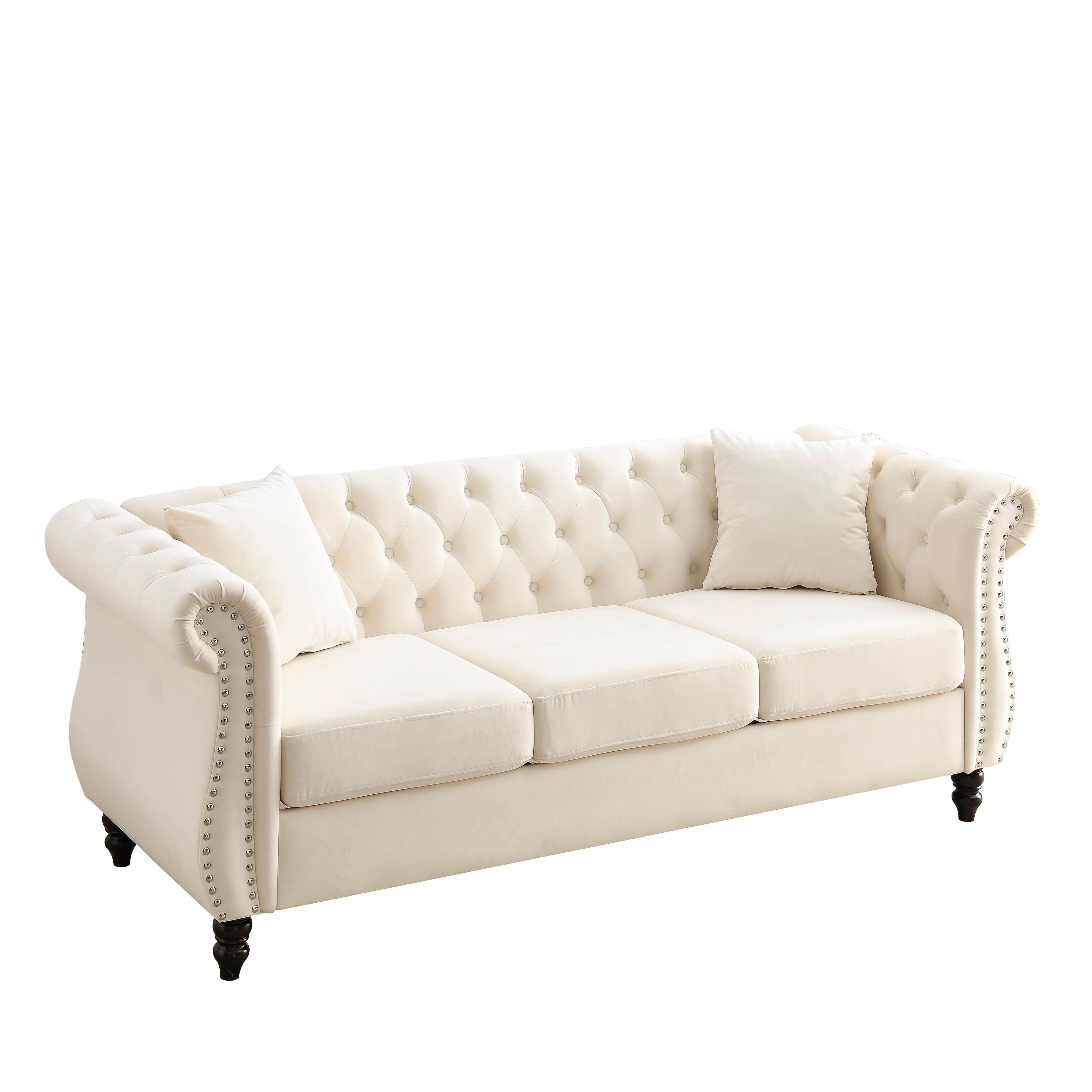 Canapé Chesterfield 3 places en velours 80 avec motif capitonné, garniture cloutée et 2 coussins