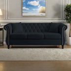 Canapé Chesterfield 3 places en velours 80 avec motif capitonné, garniture cloutée et 2 coussins