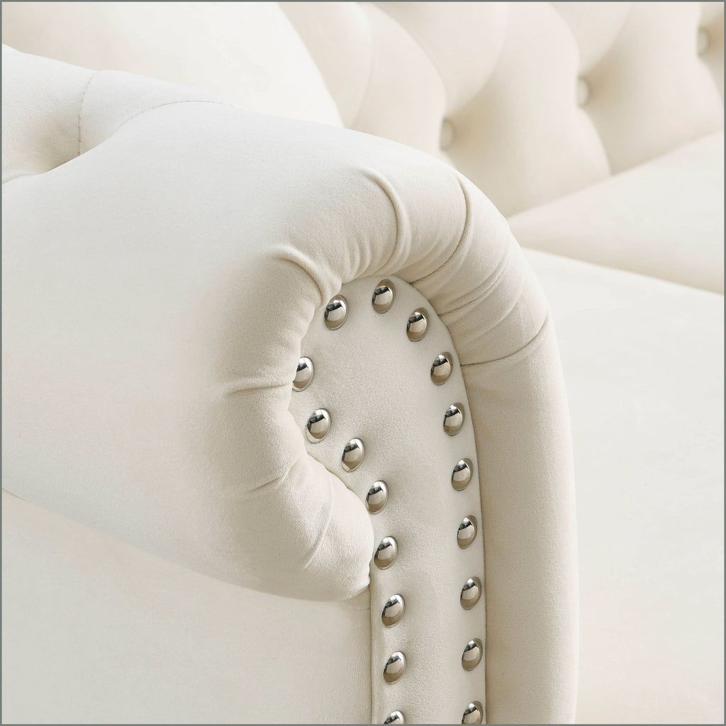 Canapé Chesterfield 3 places en velours 80 avec motif capitonné, garniture cloutée et 2 coussins