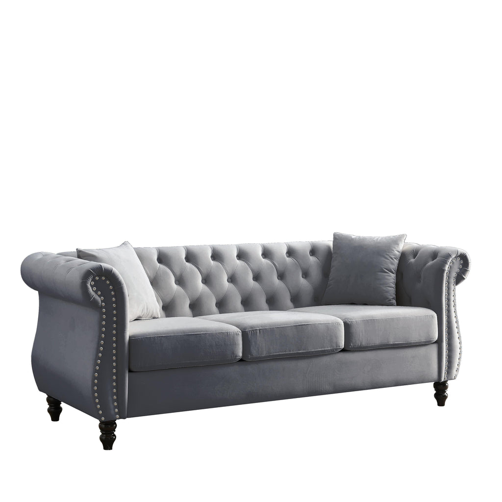 Canapé Chesterfield 3 places en velours 80 avec motif capitonné, garniture cloutée et 2 coussins