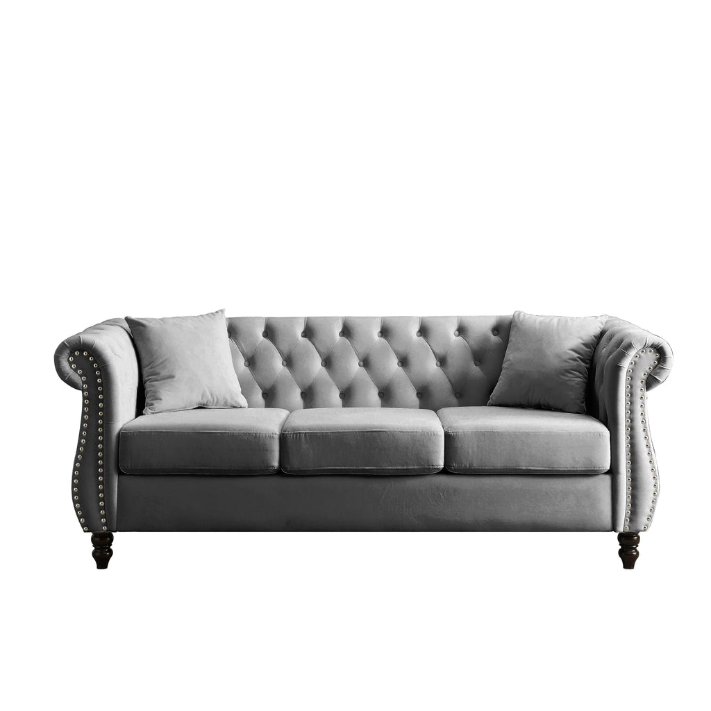 Canapé Chesterfield 3 places en velours 80 avec motif capitonné, garniture cloutée et 2 coussins