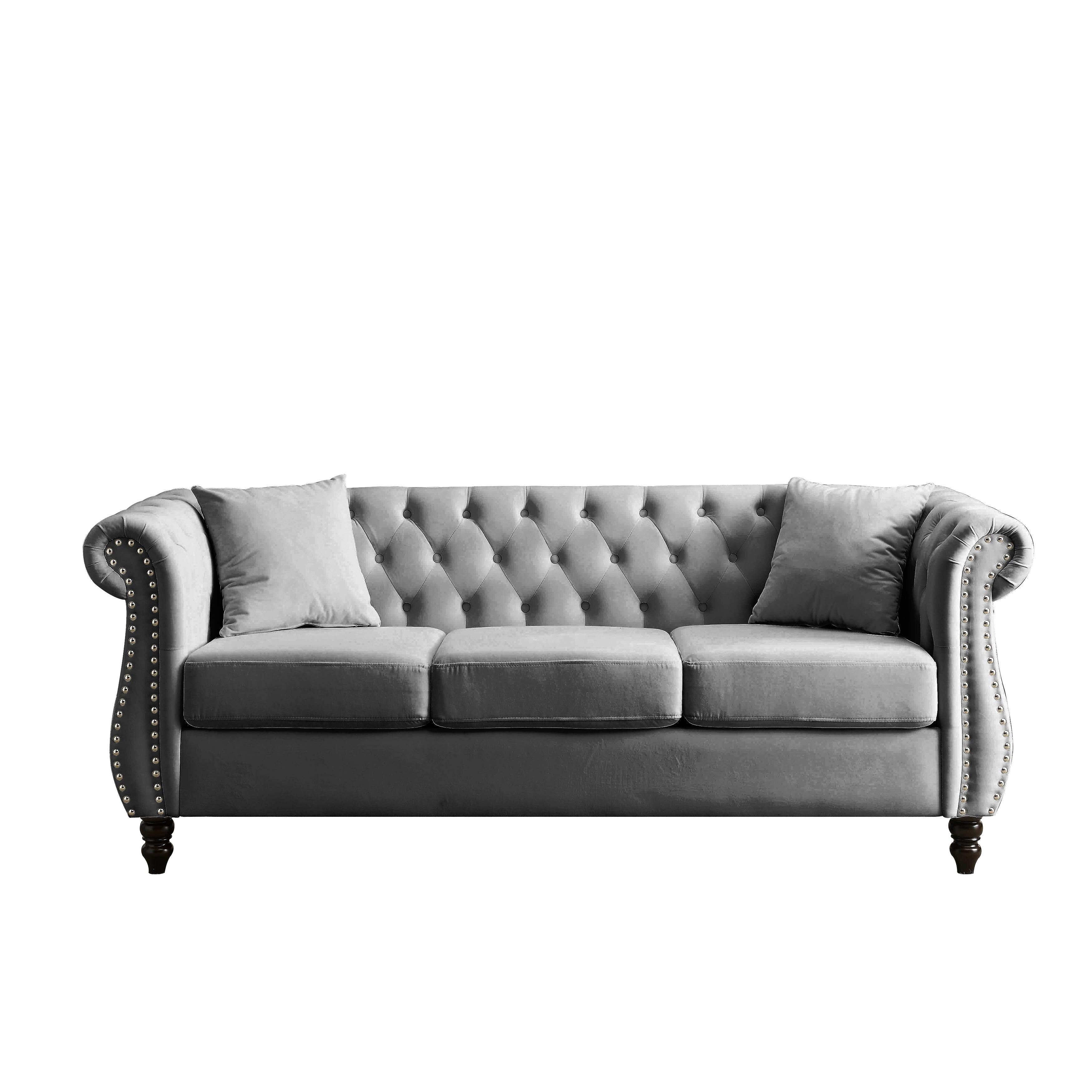 Canapé Chesterfield 3 places en velours 80 avec motif capitonné, garniture cloutée et 2 coussins