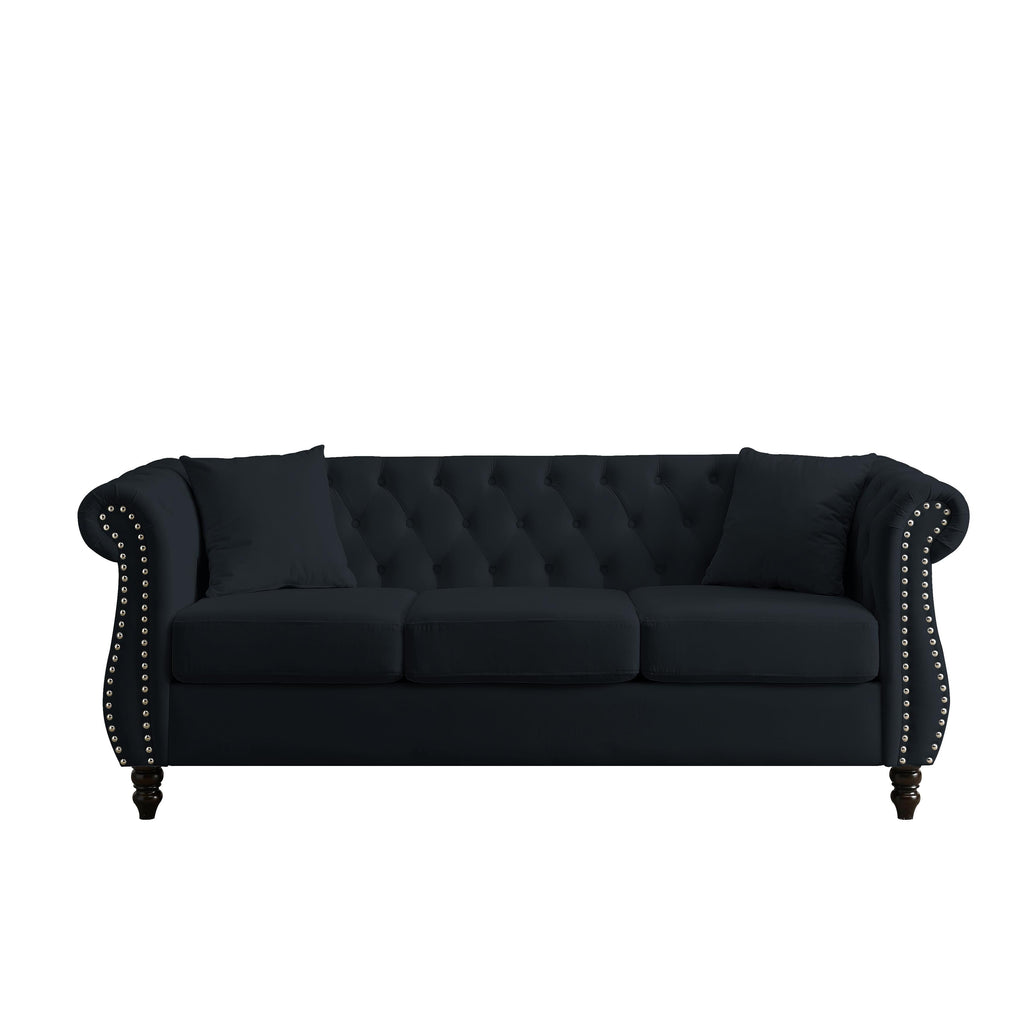 Canapé Chesterfield 3 places en velours 80 avec motif capitonné, garniture cloutée et 2 coussins