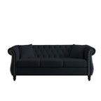 Canapé Chesterfield 3 places en velours 80 avec motif capitonné, garniture cloutée et 2 coussins