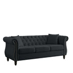Canapé Chesterfield 3 places en velours 80 avec motif capitonné, garniture cloutée et 2 coussins