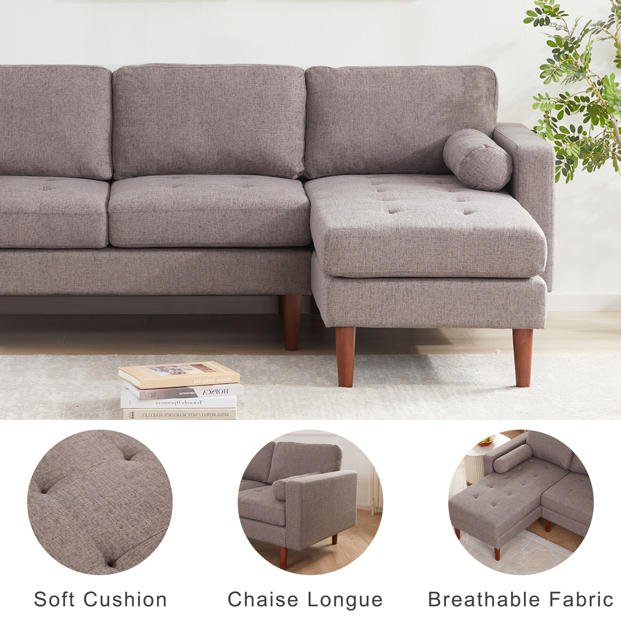 Canapé sectionnel en L en tissu de 80 pouces, 3 places avec coussins capitonnés, méridienne réversible et style milieu de siècle