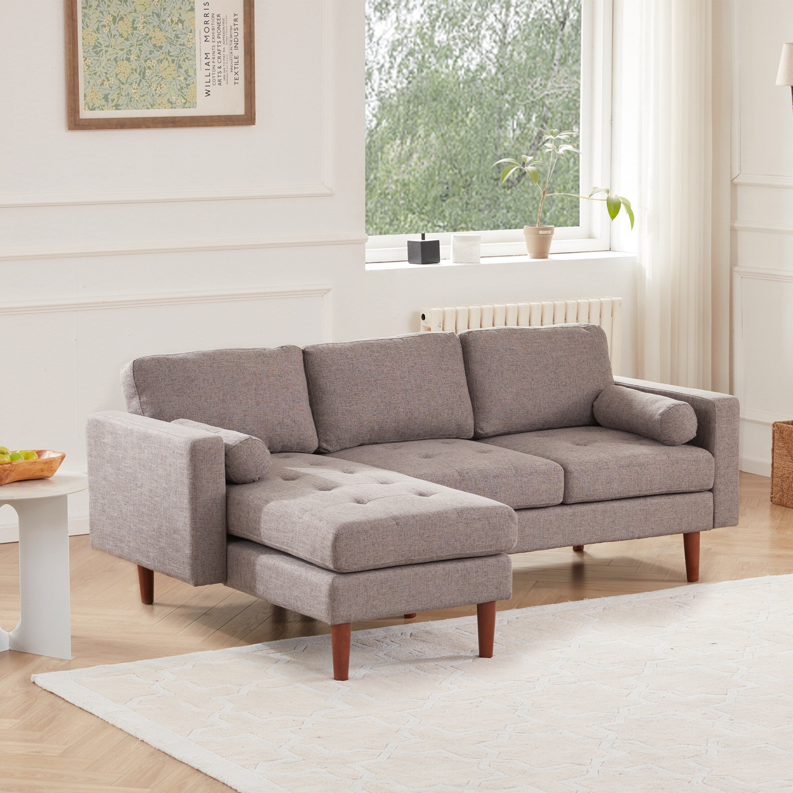 Canapé sectionnel 3 places en tissu en forme de L de 80 pouces avec coussins touffetés, cadre en bois et méridienne réversible