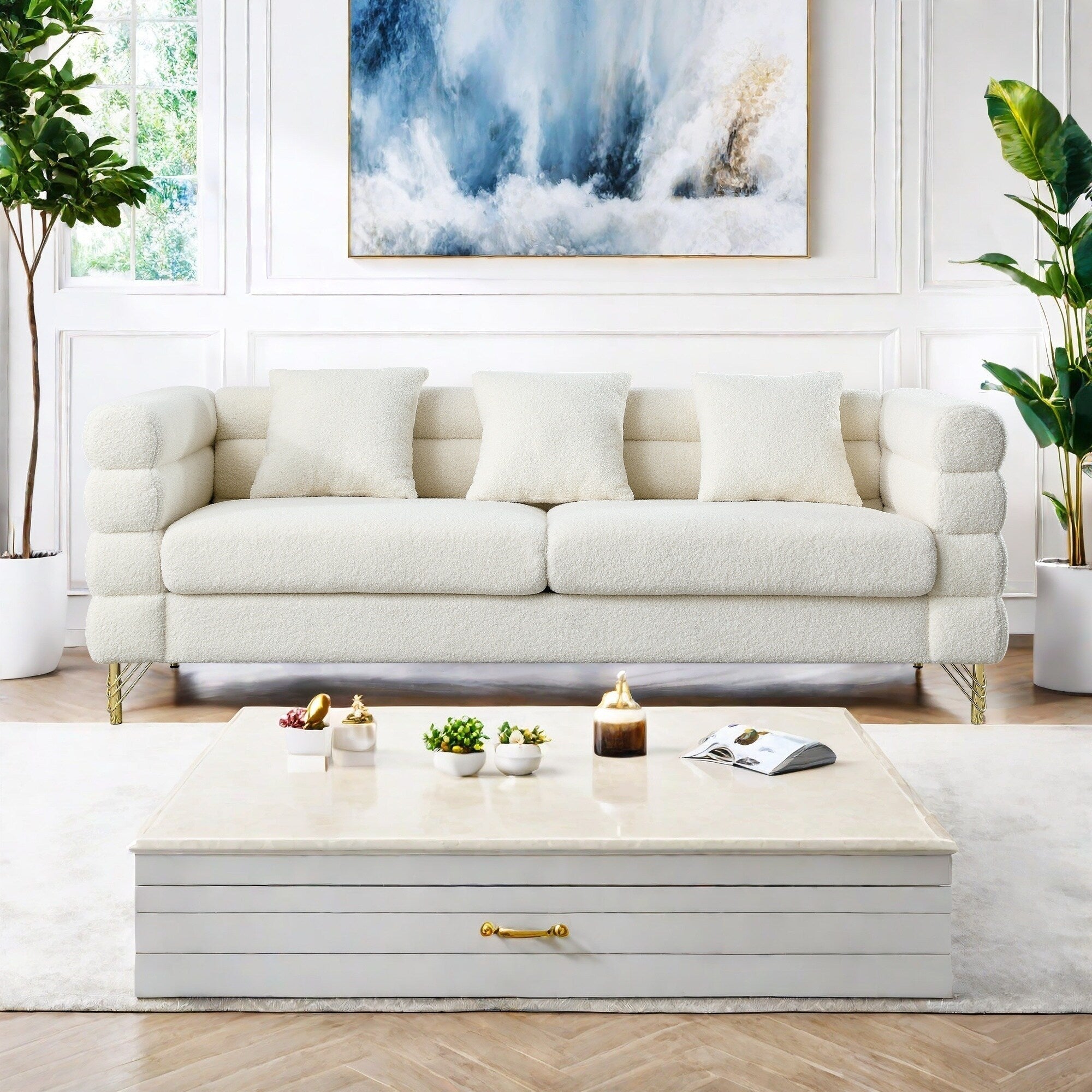 Canapé 3 places en tissu avec 3 coussins, assise moelleuse pour salon et chambre