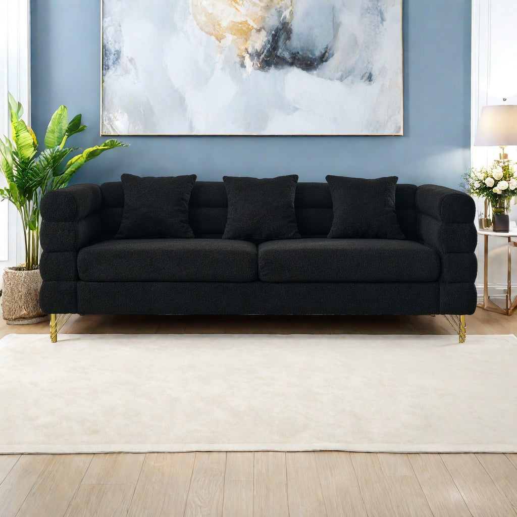 Canapé 3 places en tissu avec 3 coussins, assise moelleuse pour salon et chambre