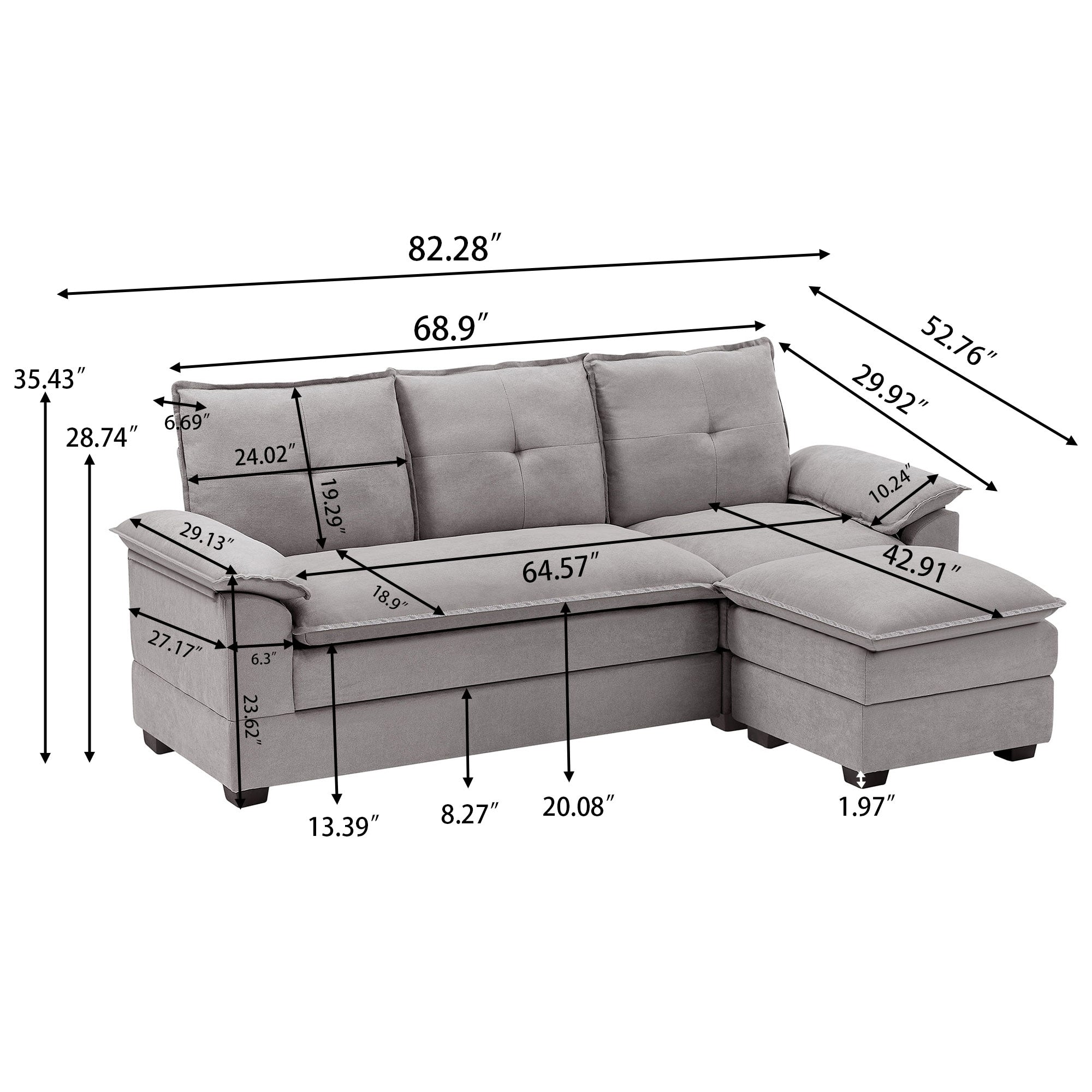 Canapé sectionnel en L de 82,28 pouces avec sièges nuage pour le salon