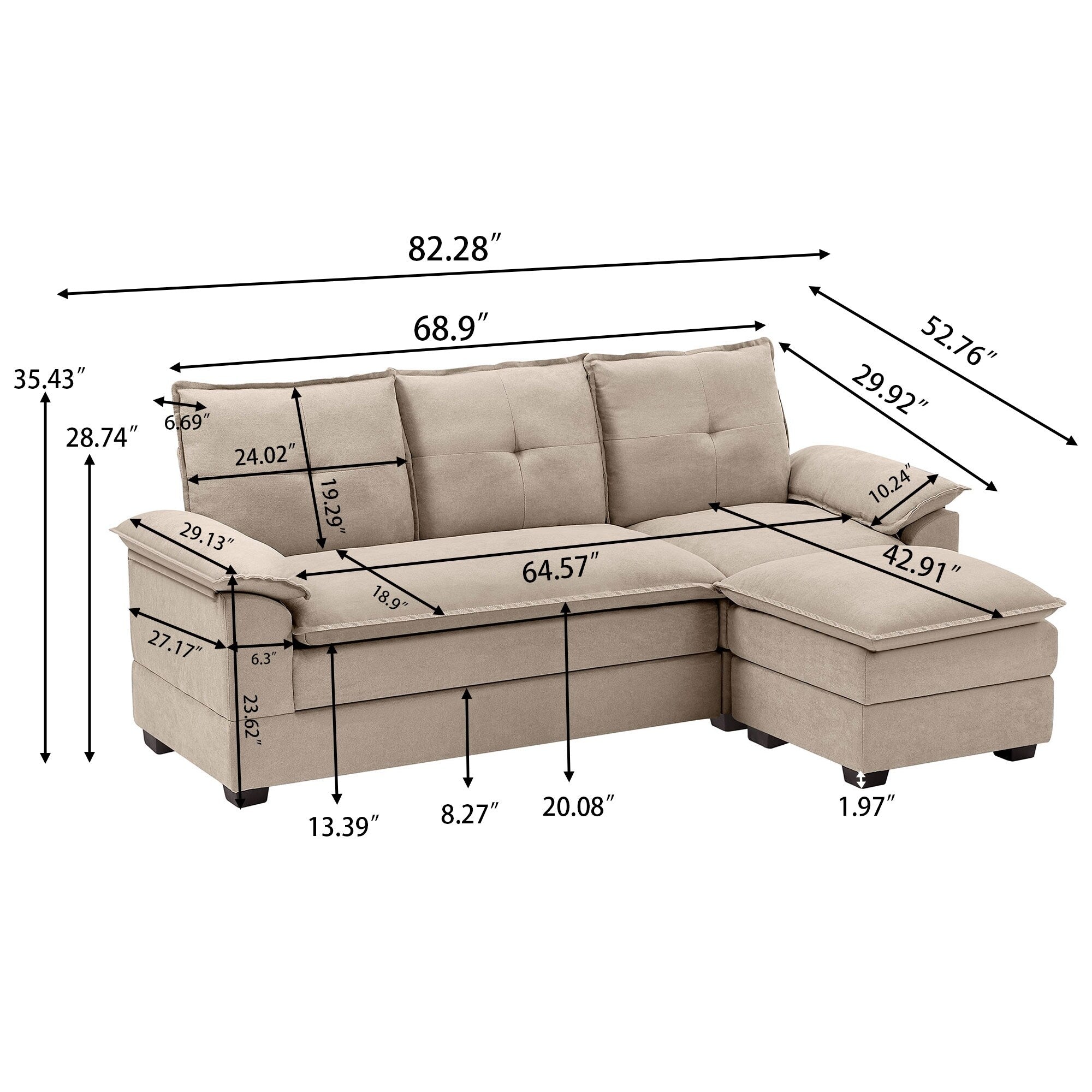 Canapé sectionnel en L de 82,28 pouces avec sièges nuage pour le salon