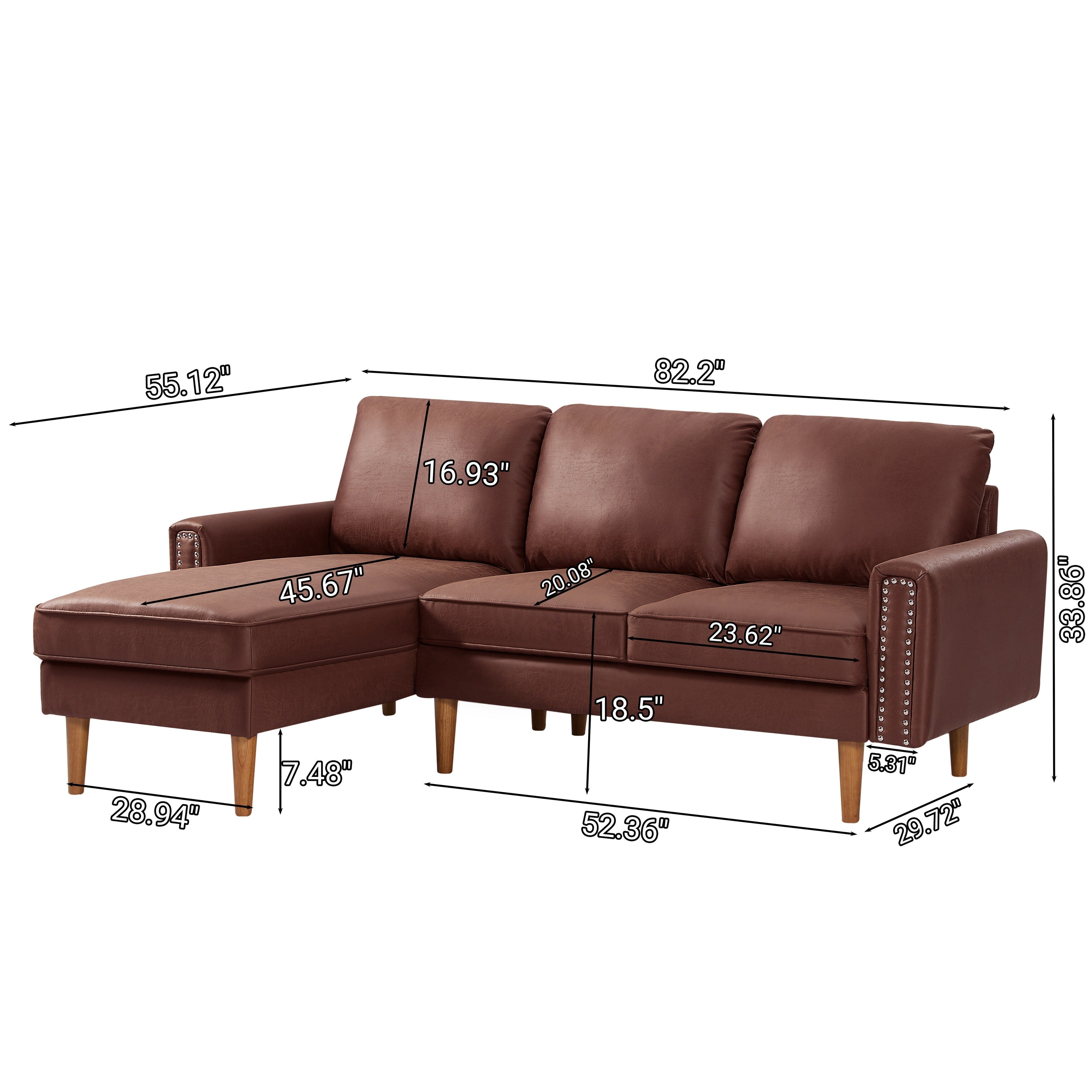 Canapé 3 places en tissu 82.2 avec clous en cuivre et méridienne droite