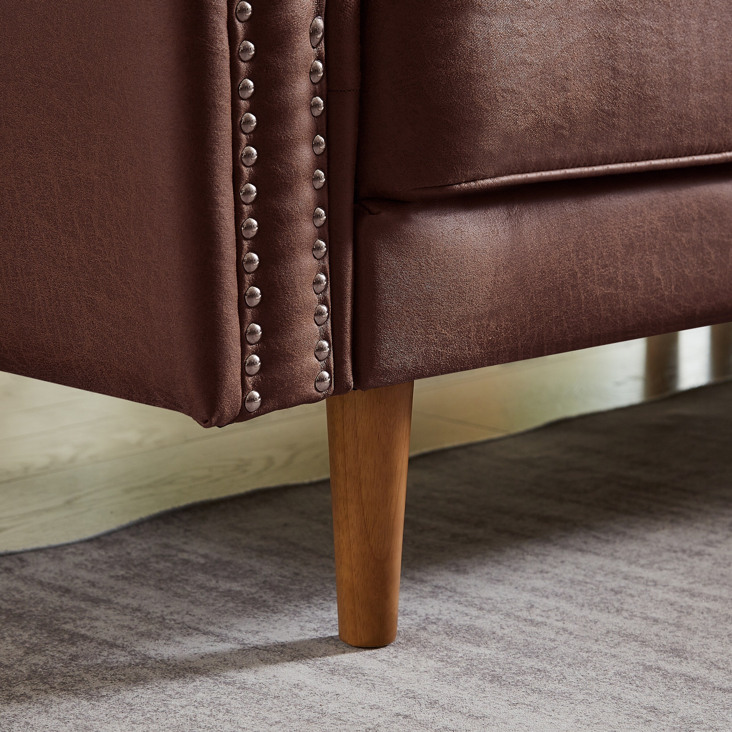 Canapé en L en daim de 82,2 po avec méridienne droite, cadre en bois massif et clous cuivrés