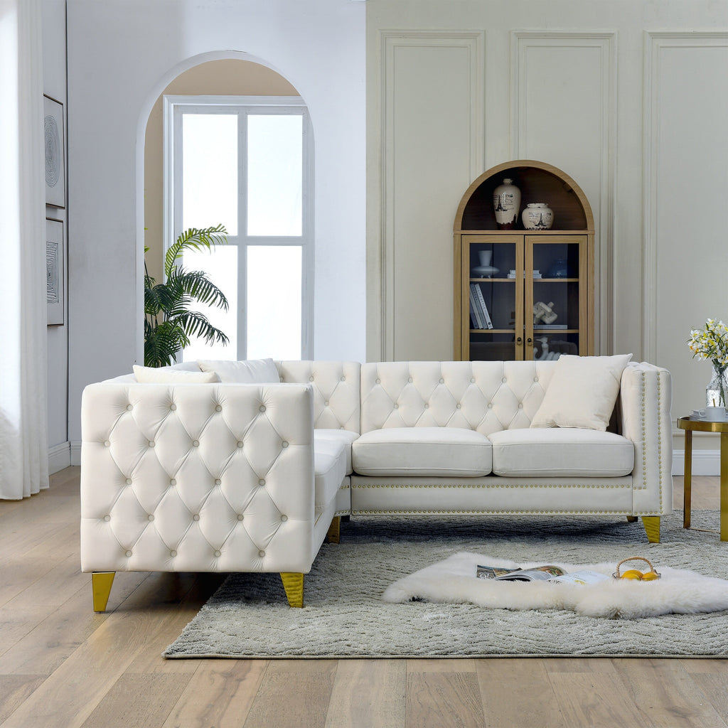 Canapé 5 places en velours en forme de L de 82,2 po avec garniture cloutée