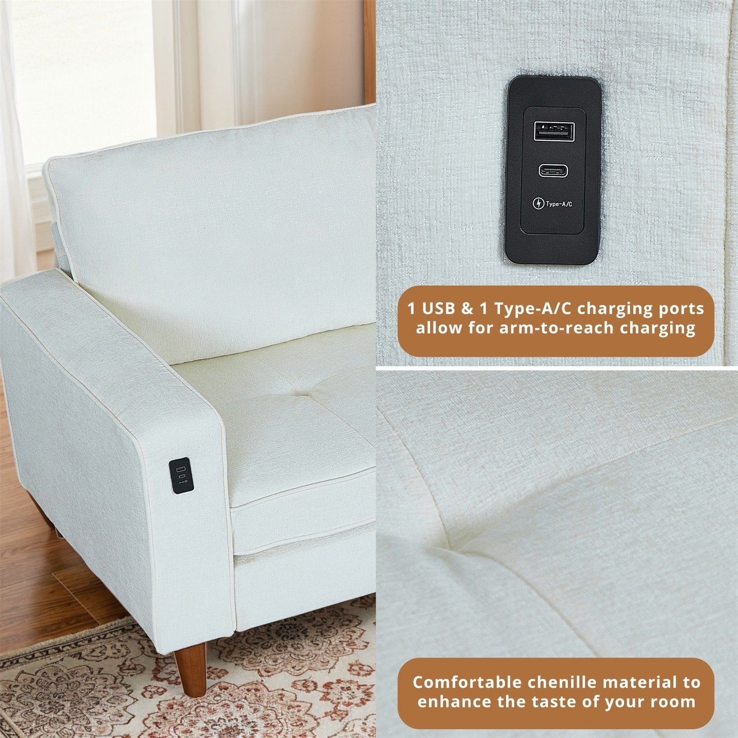 Canapé inclinable moderne en chenille de 82,6 pouces, causeuse, housse amovible avec port USB, facile à installer