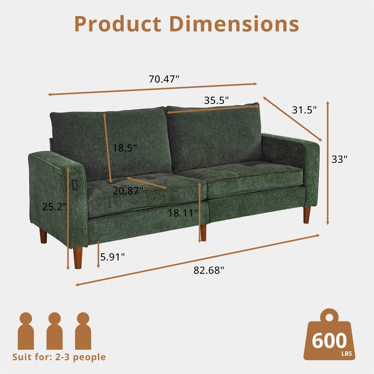 Canapé inclinable moderne en chenille de 82,6 pouces, causeuse, housse amovible avec port USB, facile à installer