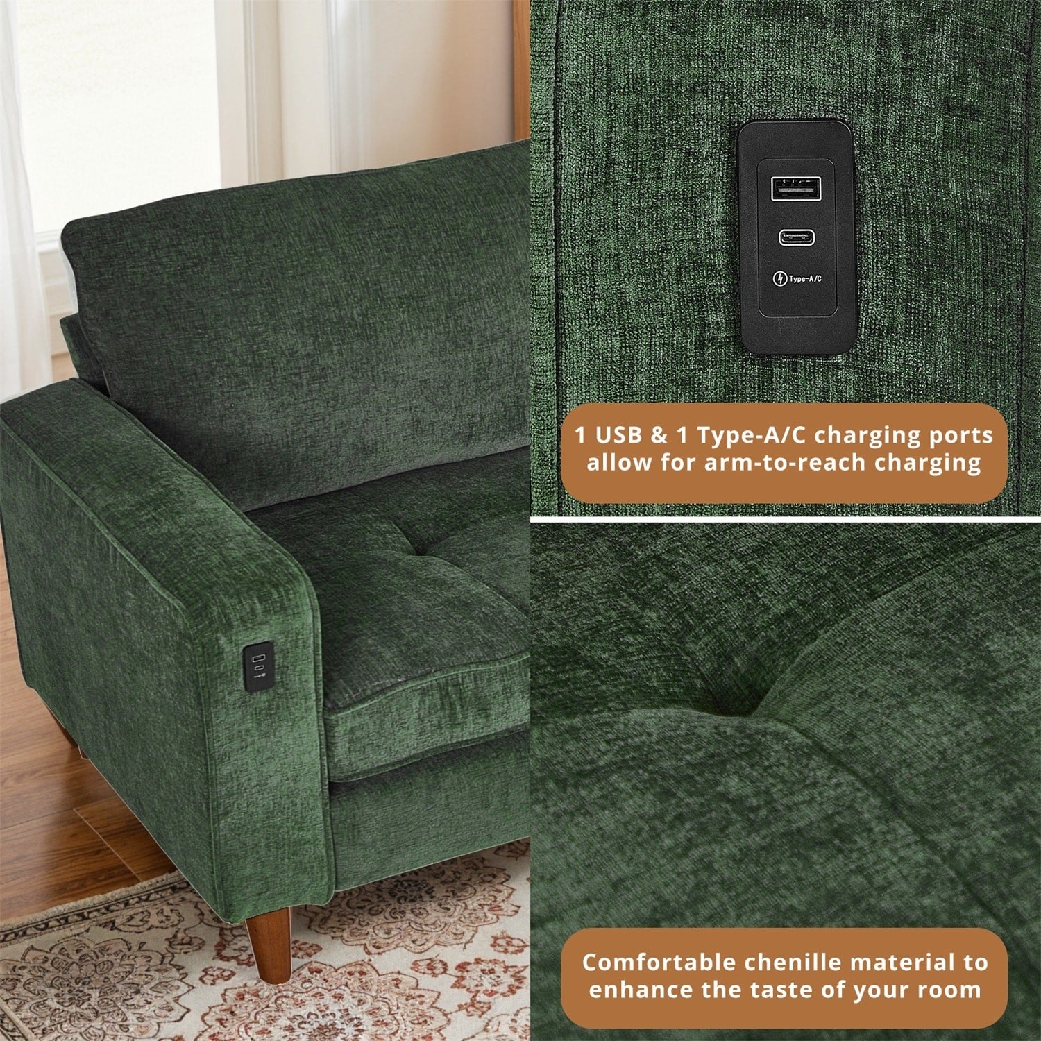 Canapé inclinable moderne en chenille de 82,6 pouces, causeuse, housse amovible avec port USB, facile à installer