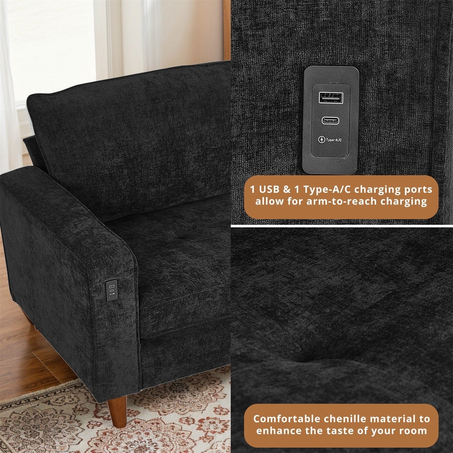 Canapé inclinable moderne en chenille de 82,6 pouces, causeuse, housse amovible avec port USB, facile à installer