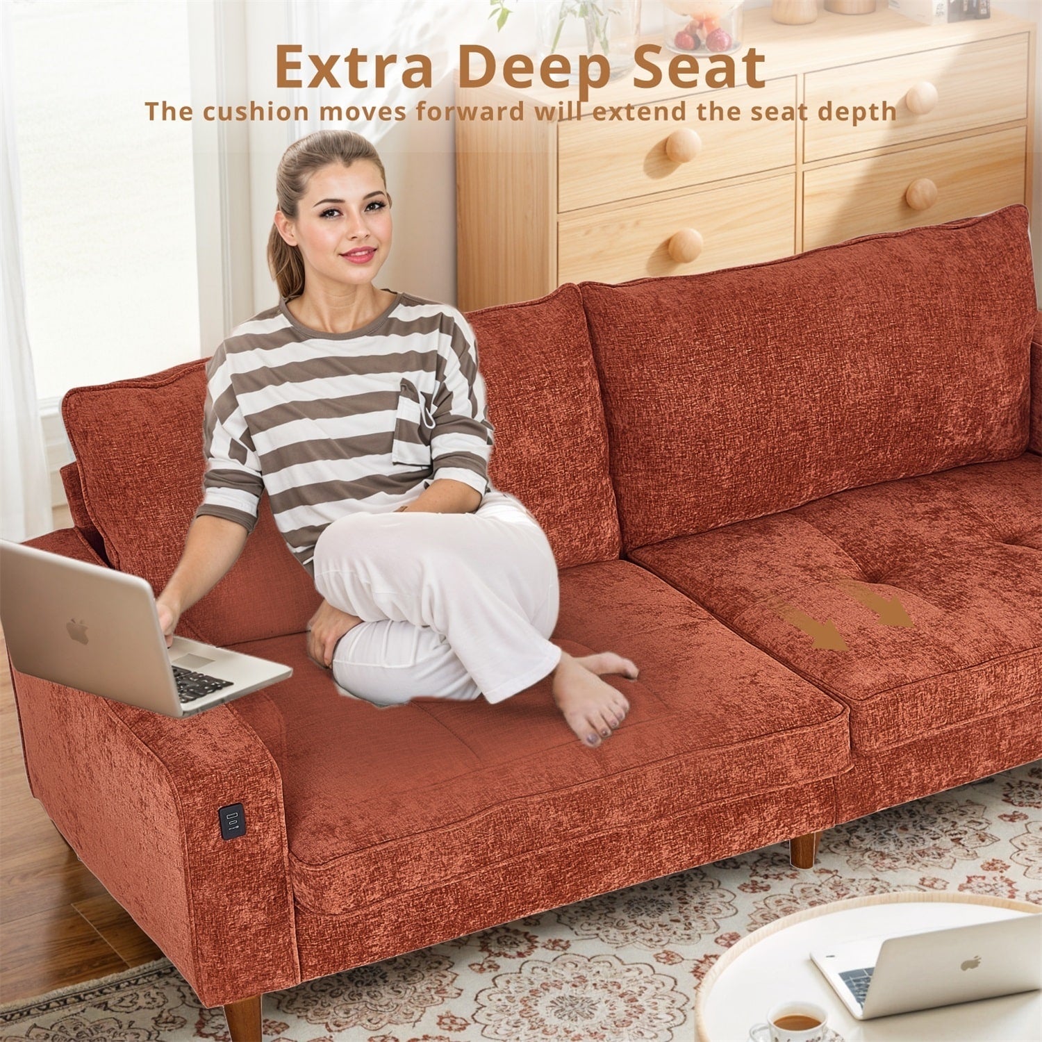 Canapé inclinable moderne en chenille de 82,6 pouces, causeuse, housse amovible avec port USB, facile à installer