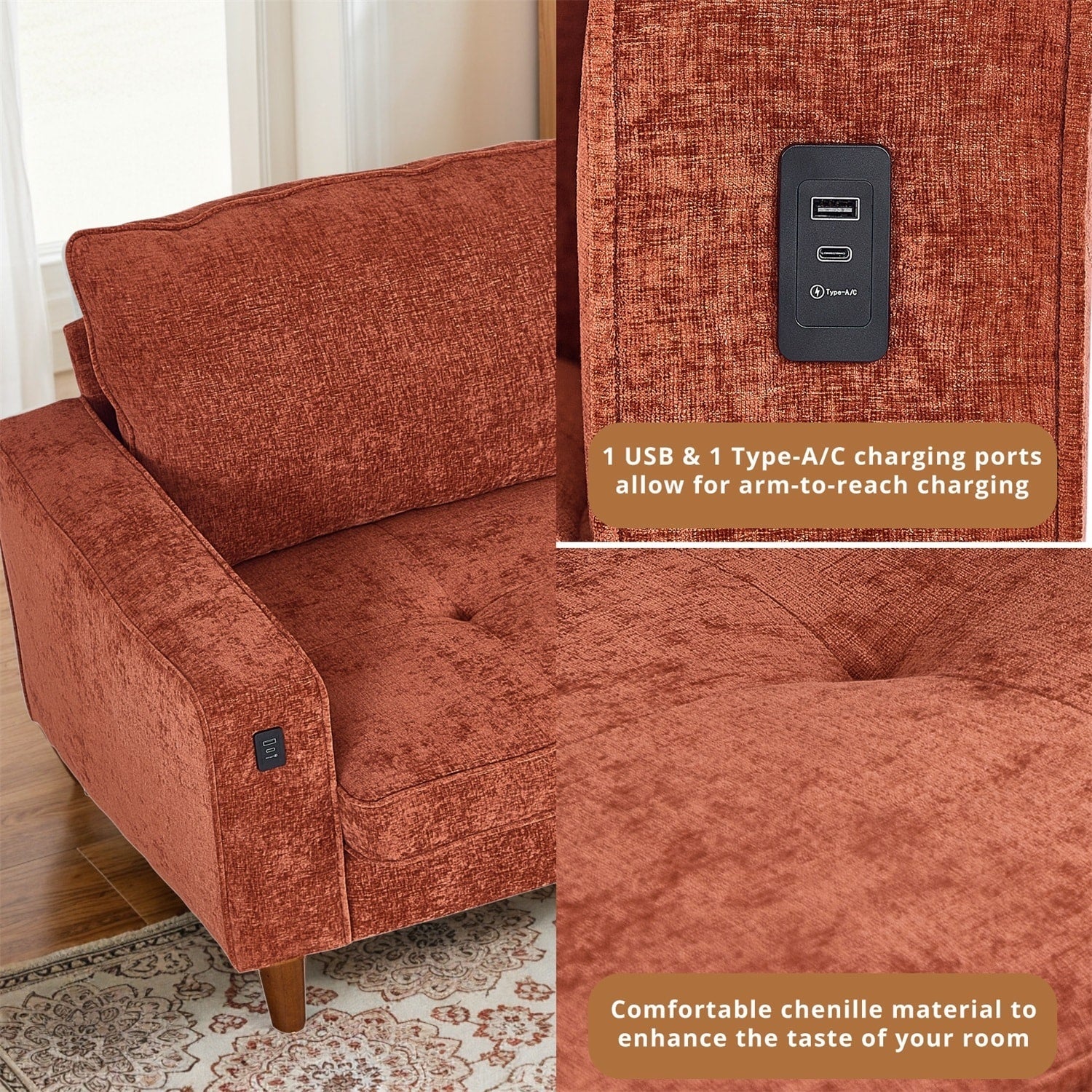 Canapé inclinable moderne en chenille de 82,6 pouces, causeuse, housse amovible avec port USB, facile à installer