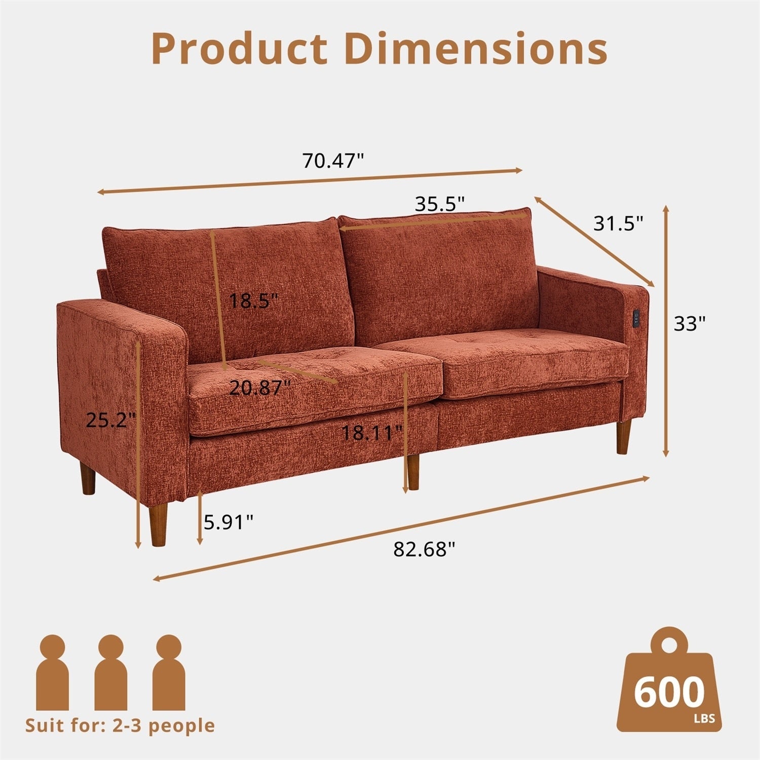 Canapé inclinable moderne en chenille de 82,6 pouces, causeuse, housse amovible avec port USB, facile à installer