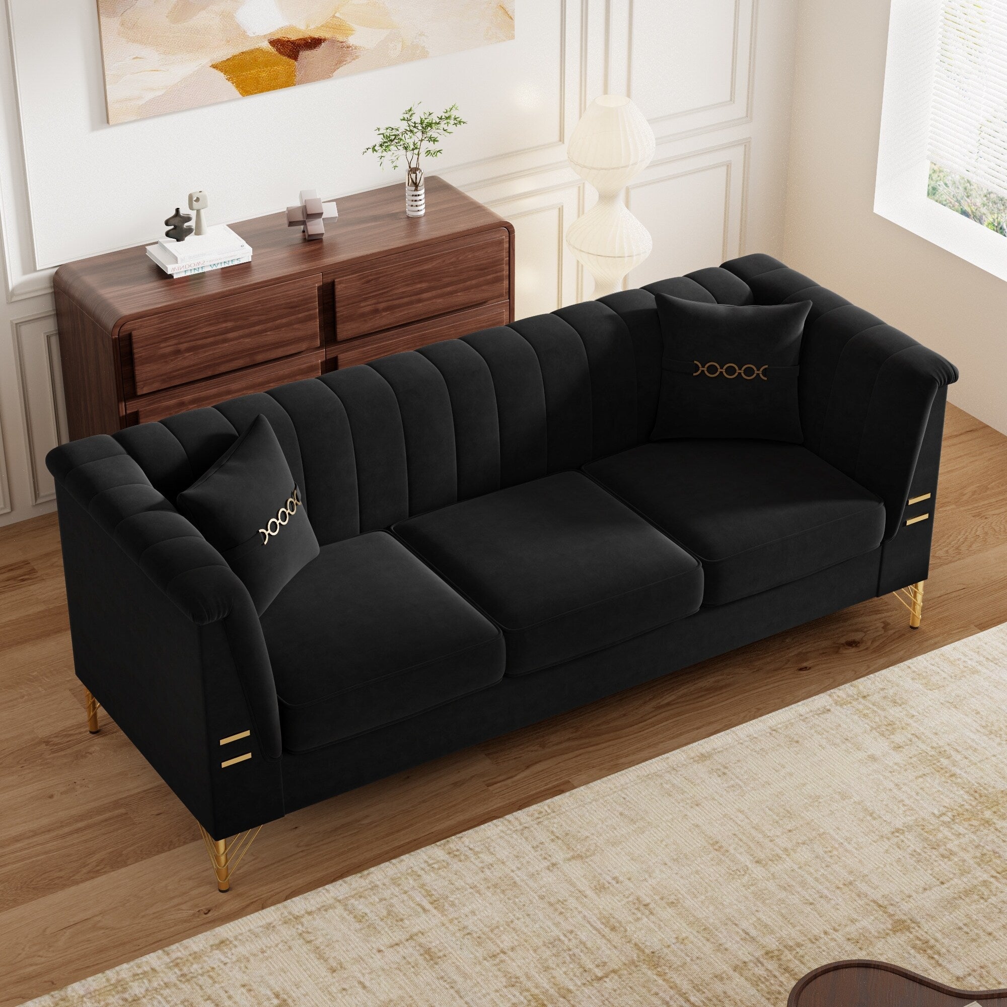 Canapé 3 places moderne en velours 82,67 po, dossier capitonné à canaux verticaux, pieds en métal doré, style Chesterfield