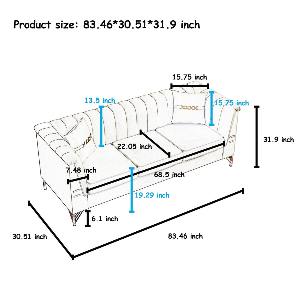 Canapé 3 places moderne en velours 82,67 po, dossier capitonné à canaux verticaux, pieds en métal doré, style Chesterfield