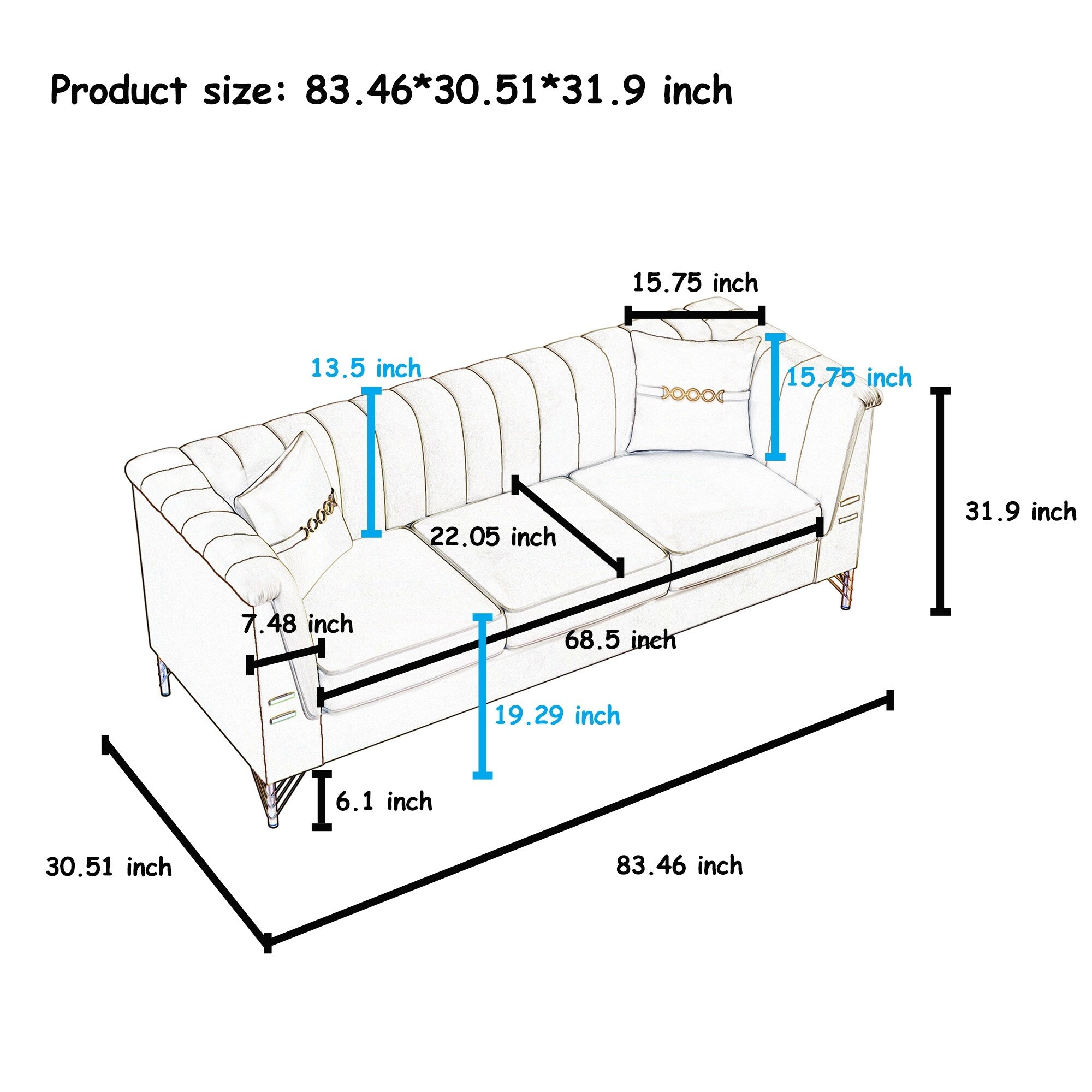 Canapé 3 places moderne en velours 82,67 po, dossier capitonné à canaux verticaux, pieds en métal doré, style Chesterfield