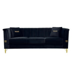 Canapé 3 places moderne en velours 82,67 po, dossier capitonné à canaux verticaux, pieds en métal doré, style Chesterfield