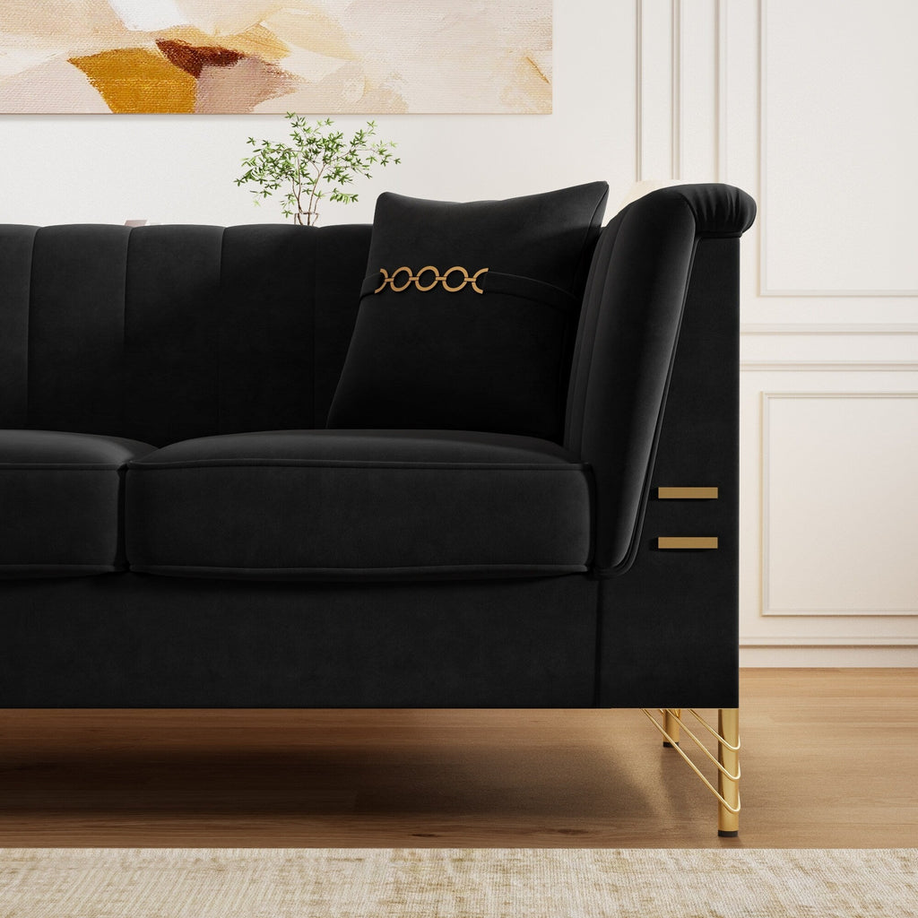 Canapé 3 places moderne en velours 82,67 po, dossier capitonné à canaux verticaux, pieds en métal doré, style Chesterfield
