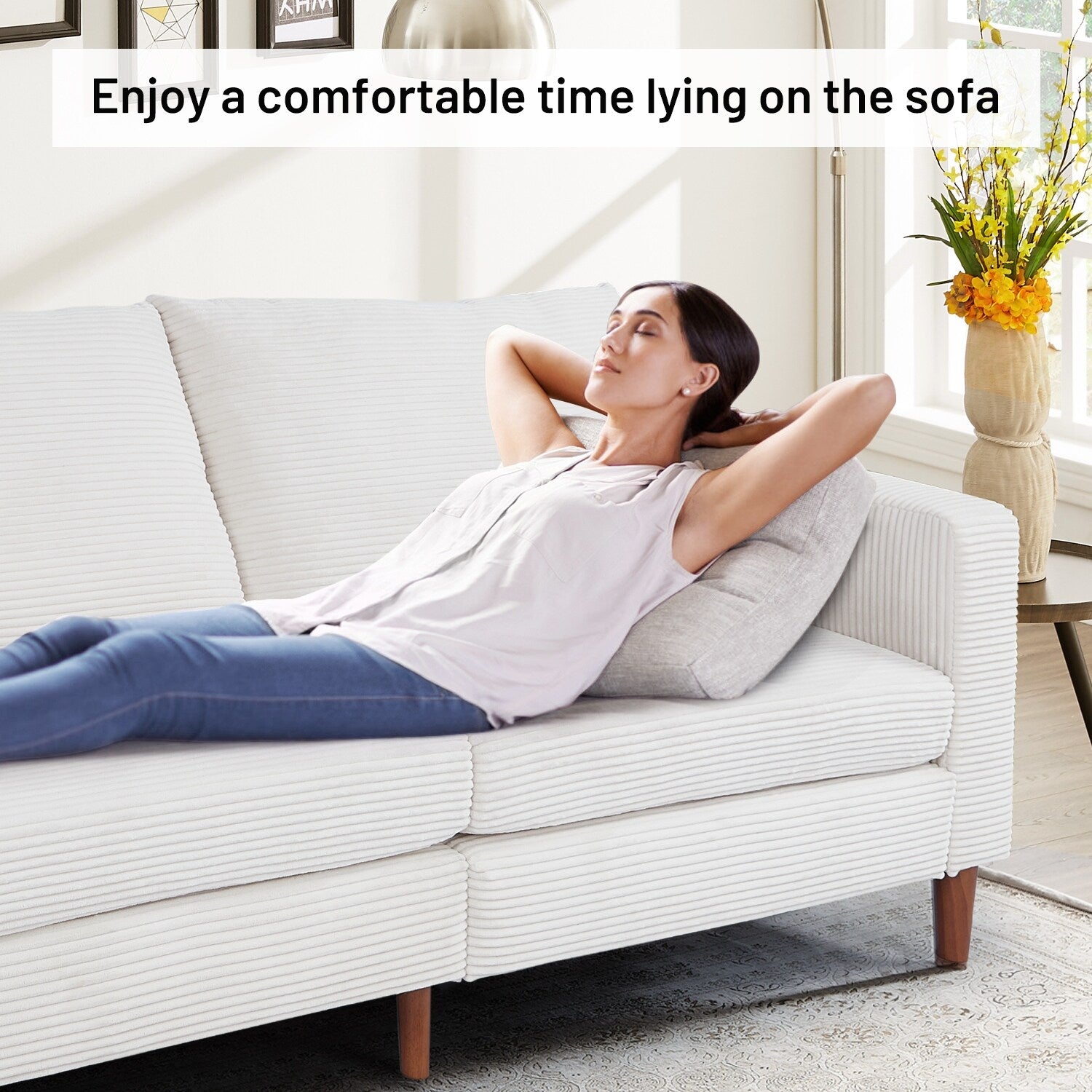 Causeuse rectangulaire 2 places en velours côtelé de 82,68 po de long, style milieu de siècle moderne, avec accoudoirs carrés