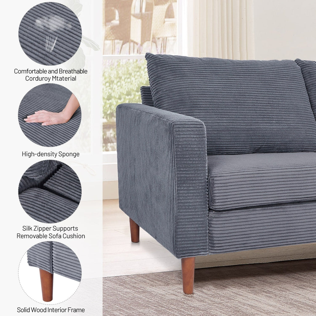 Causeuse rectangulaire 2 places en velours côtelé de 82,68 po de long, style milieu de siècle moderne, avec accoudoirs carrés