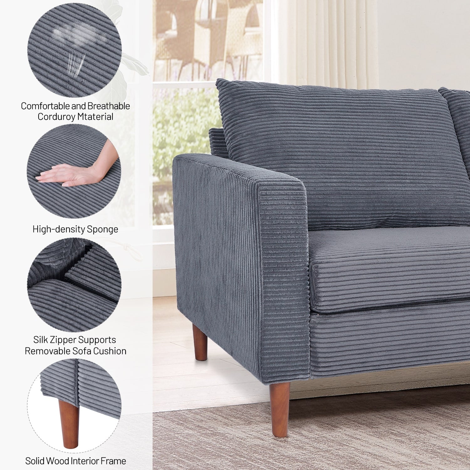 Causeuse rectangulaire 2 places en velours côtelé de 82,68 po de long, style milieu de siècle moderne, avec accoudoirs carrés