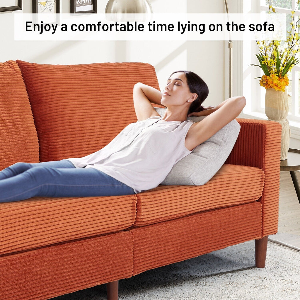 Causeuse rectangulaire 2 places en velours côtelé de 82,68 po de long, style milieu de siècle moderne, avec accoudoirs carrés