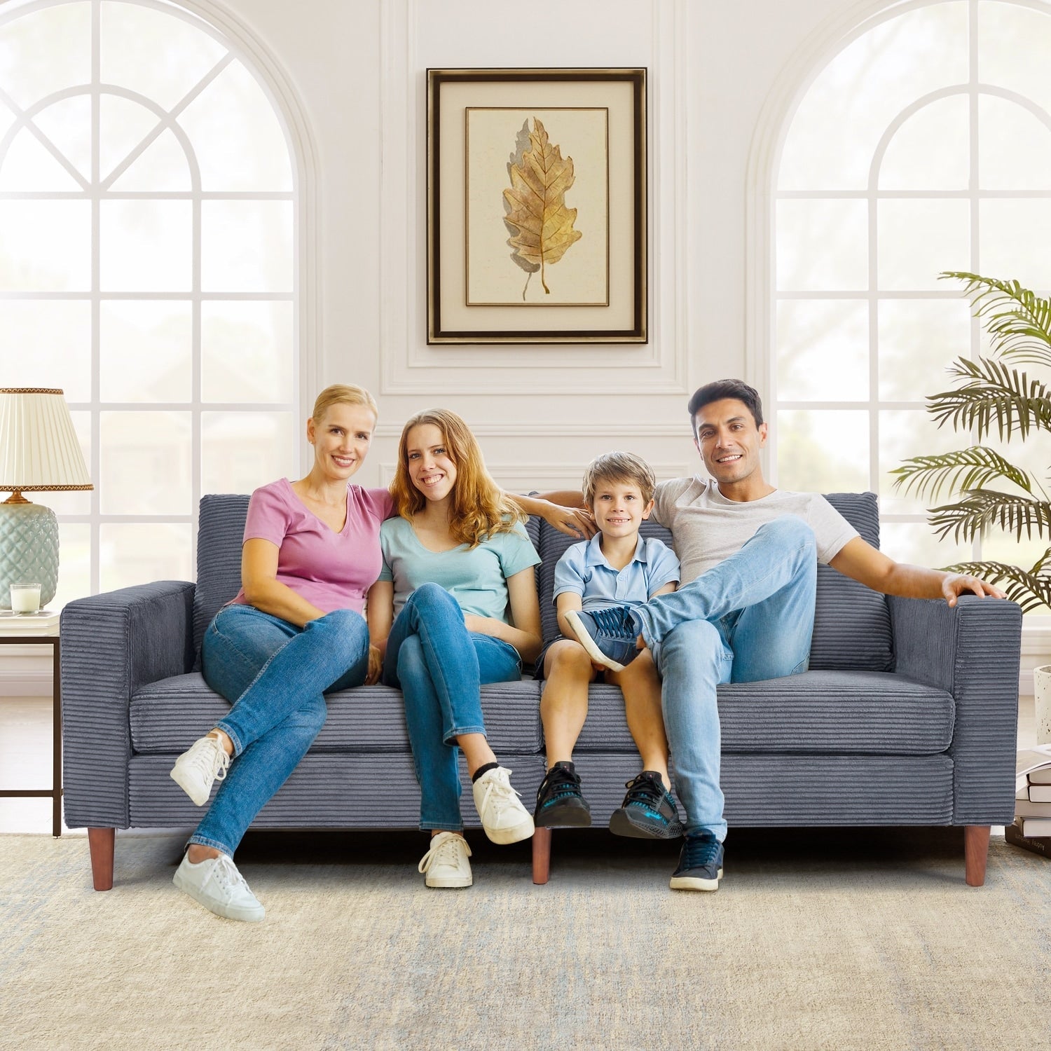 Causeuse rectangulaire 2 places en velours côtelé de 82,68 po de long, style milieu de siècle moderne, avec accoudoirs carrés