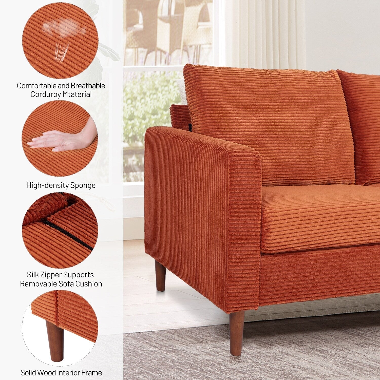 Causeuse rectangulaire 2 places en velours côtelé de 82,68 po de long, style milieu de siècle moderne, avec accoudoirs carrés