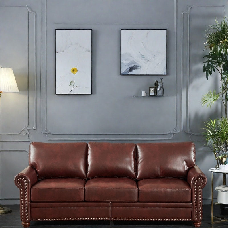 Canapé 3 places en similicuir avec rangement, structure en bois massif et métal, support à 6 pieds et coffres de rangement sous le siège.