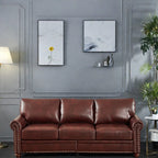 Canapé 3 places en similicuir avec rangement, structure en bois massif et métal, support à 6 pieds et coffres de rangement sous le siège.