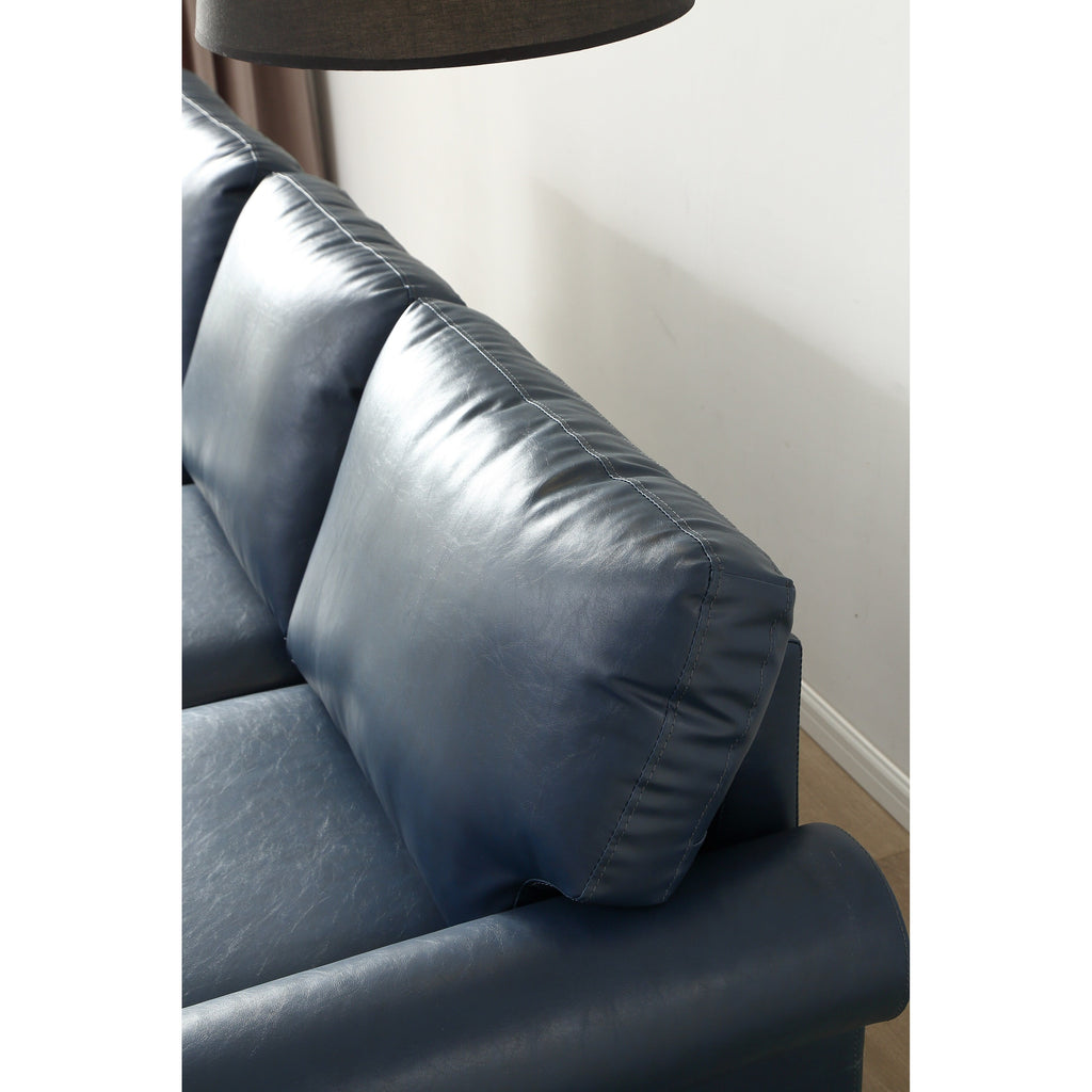 Canapé 3 places en similicuir avec rangement, structure en bois massif et métal, support à 6 pieds et coffres de rangement sous le siège.