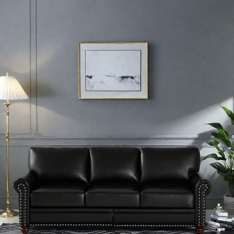 Canapé 3 places en similicuir avec rangement, structure en bois massif et métal, support à 6 pieds et coffres de rangement sous le siège.