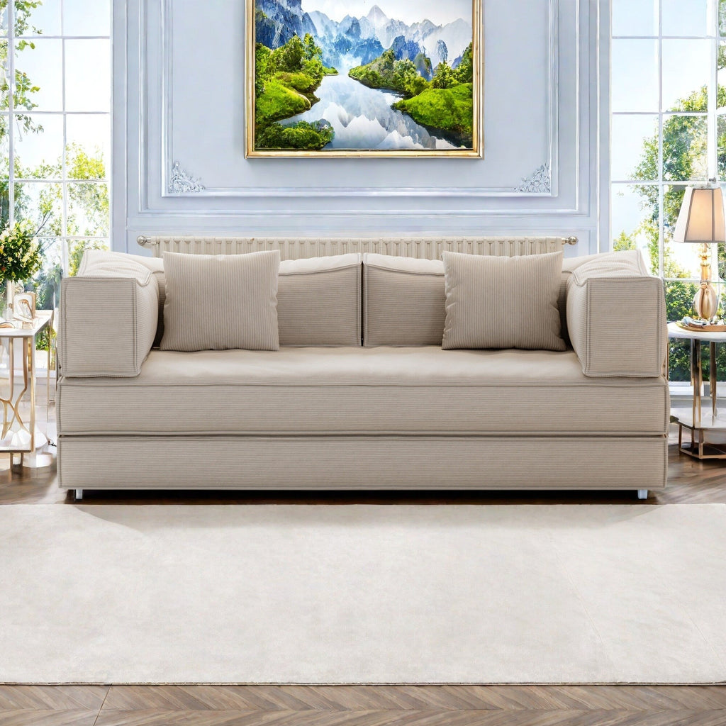 Canapé modulable 3 places en mousse 82,68 €, dossier amovible, assise 70 cm de large, housse lavable, structure en acier inoxydable