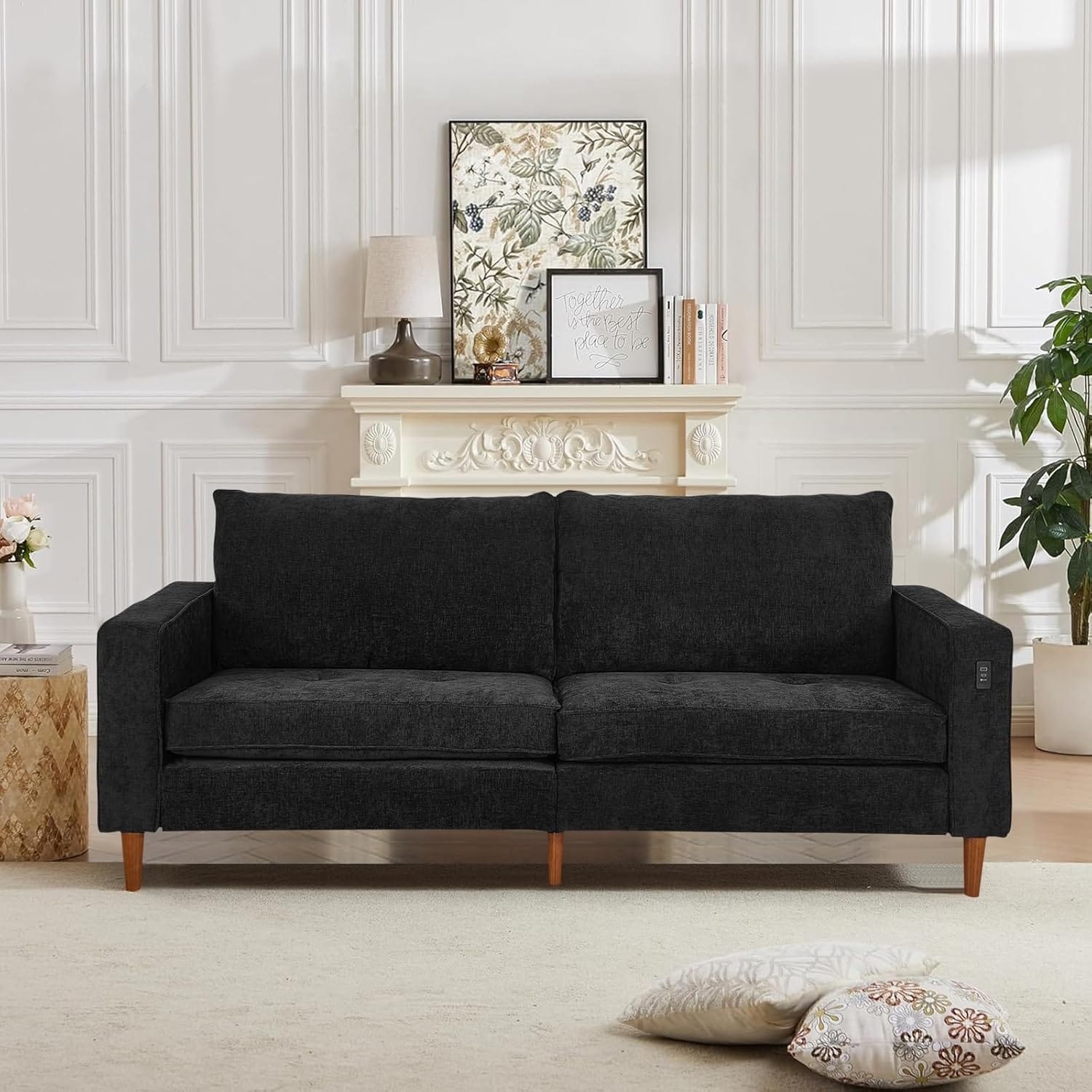 Canapé de salon 82,68 pouces, causeuse avec port USB/Type-C, confortable canapé causeuse en chenille avec housse amovible