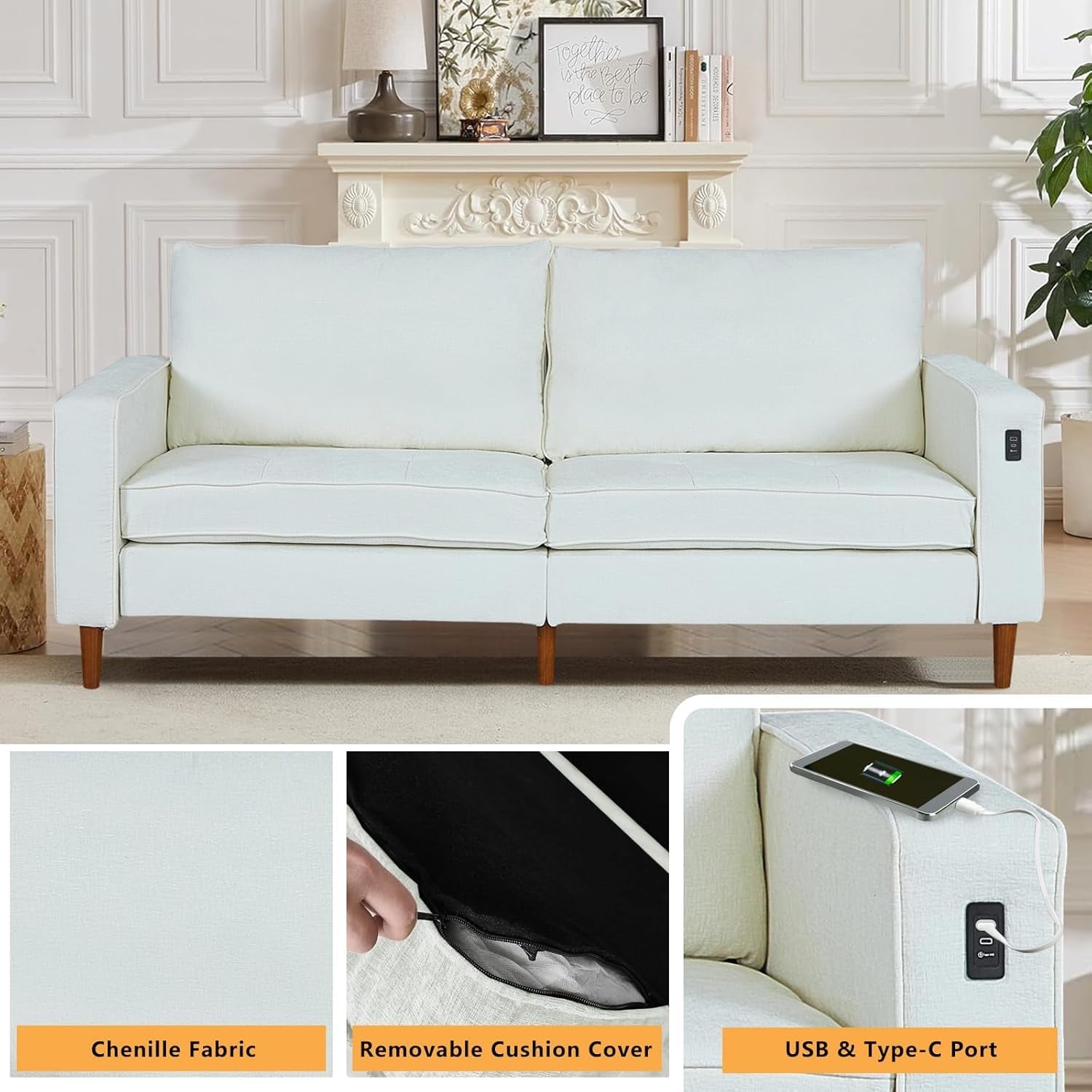 Canapé de salon 82,68 pouces, causeuse avec port USB/Type-C, confortable canapé causeuse en chenille avec housse amovible