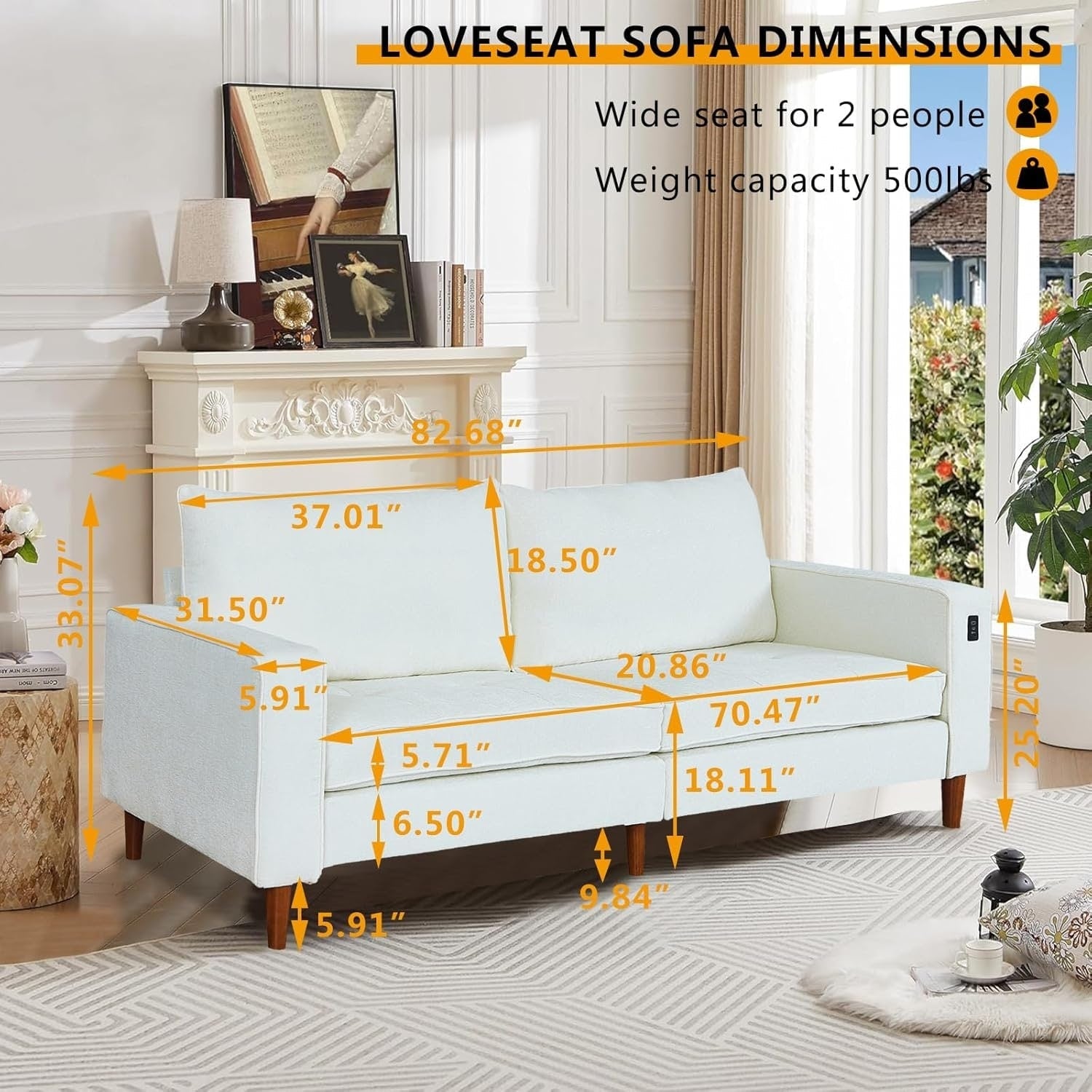 Canapé de salon 82,68 pouces, causeuse avec port USB/Type-C, confortable canapé causeuse en chenille avec housse amovible