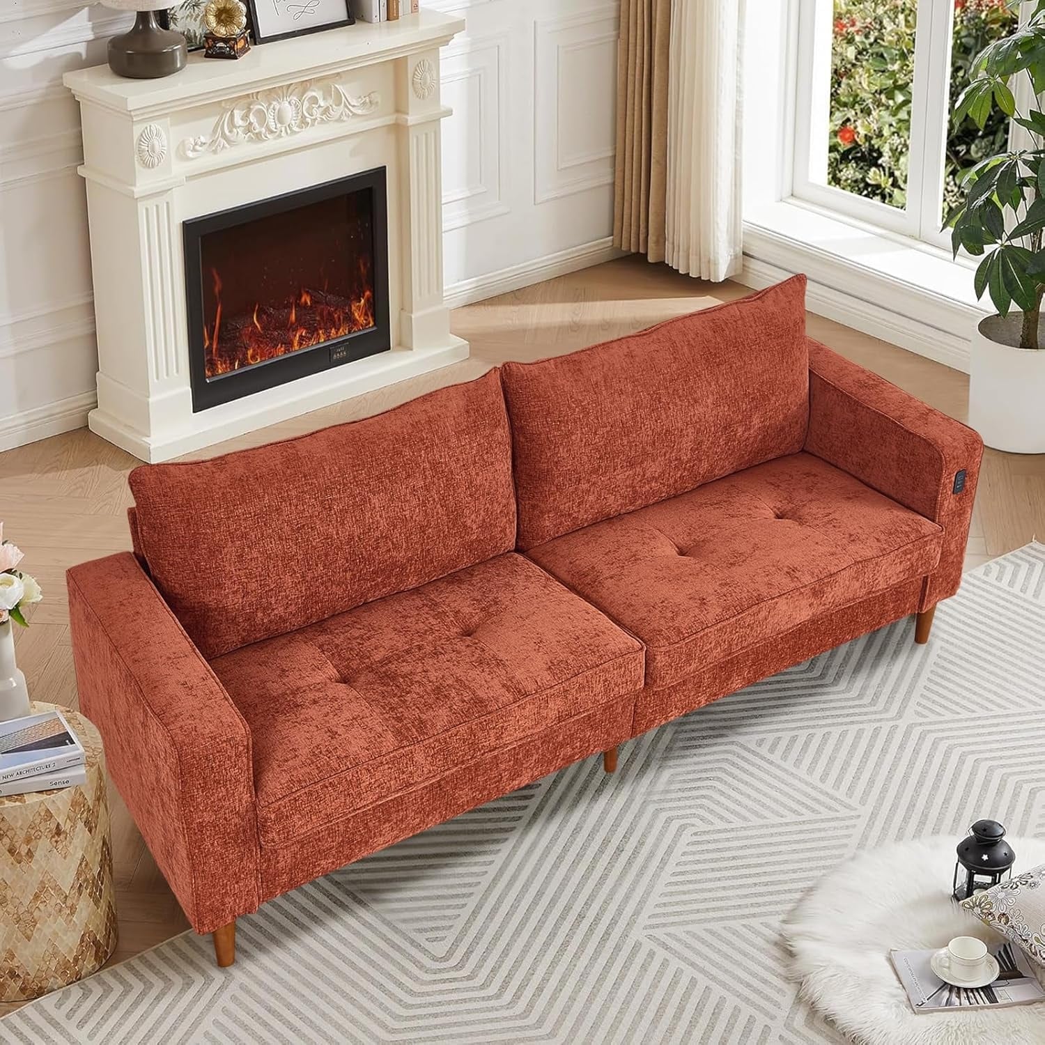 Canapé de salon 82,68 pouces, causeuse avec port USB/Type-C, confortable canapé causeuse en chenille avec housse amovible