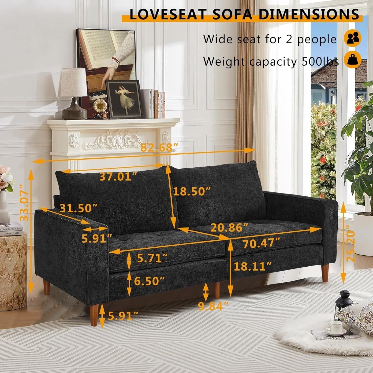 Canapé de salon 82,68 pouces, causeuse avec port USB/Type-C, confortable canapé causeuse en chenille avec housse amovible