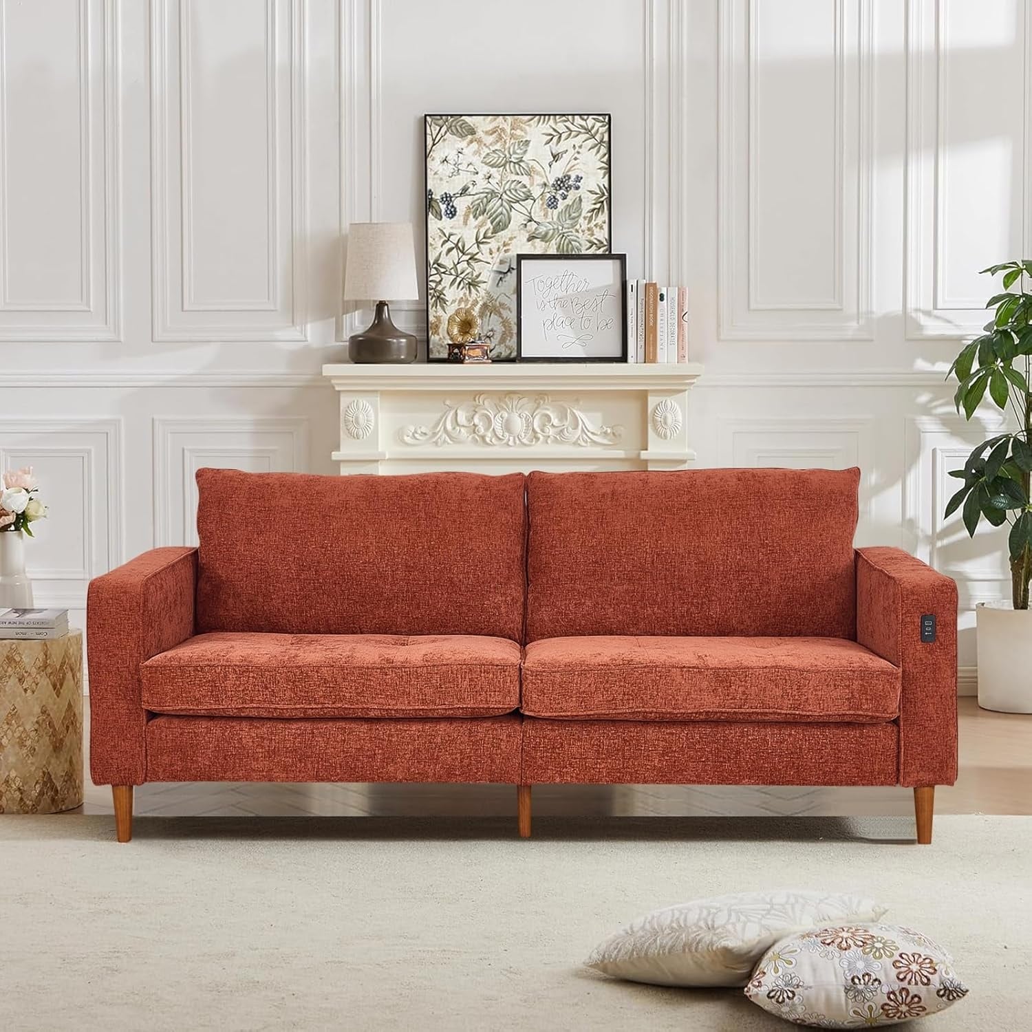 Canapé de salon 82,68 pouces, causeuse avec port USB/Type-C, confortable canapé causeuse en chenille avec housse amovible